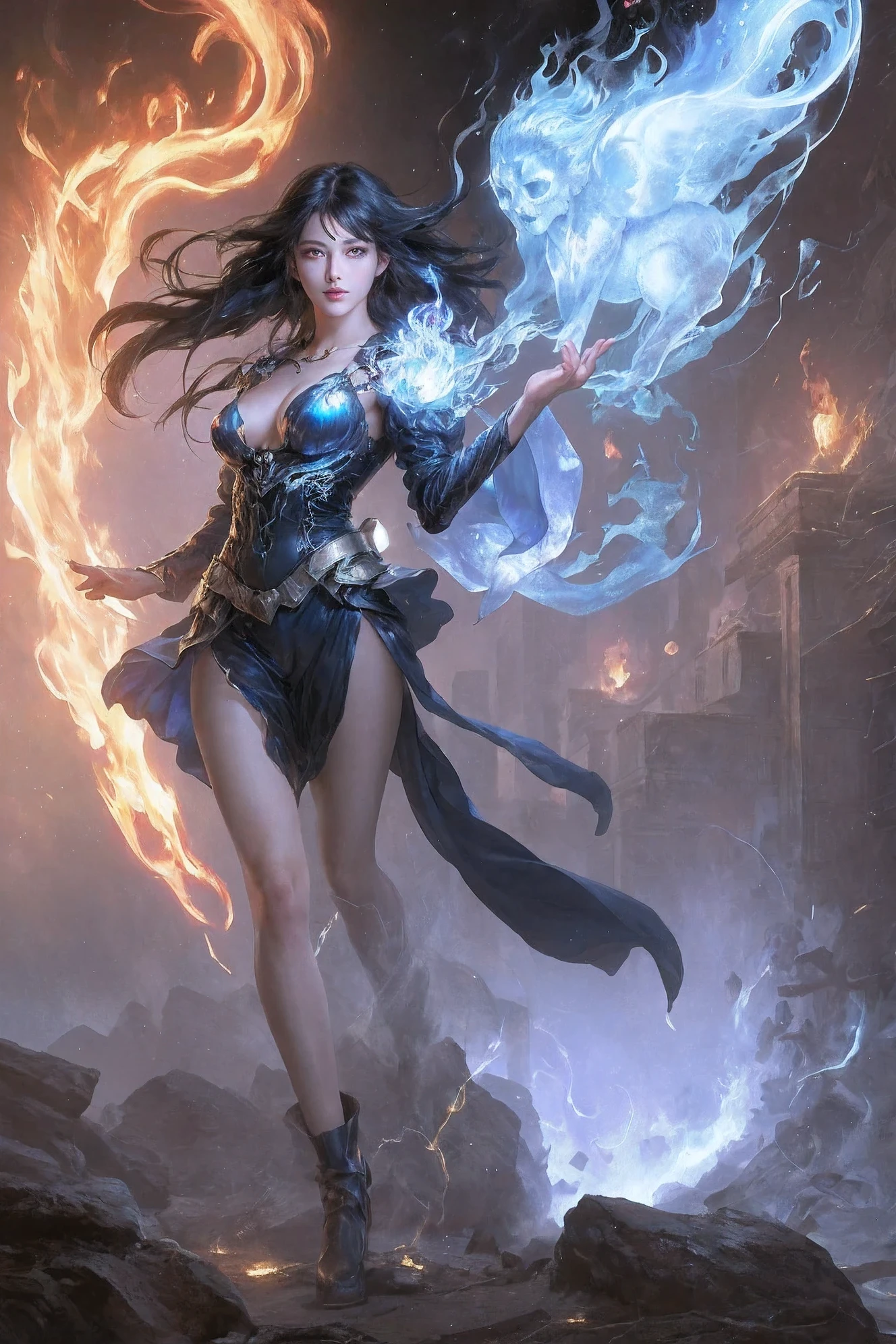 1 girl,black hair,blue fire,electricity,vitality,fire,fire焰,ghost,luminescent,Human jade,jewelry,閃electricity,lips,long hair,magic,skull,alone,Spirit,