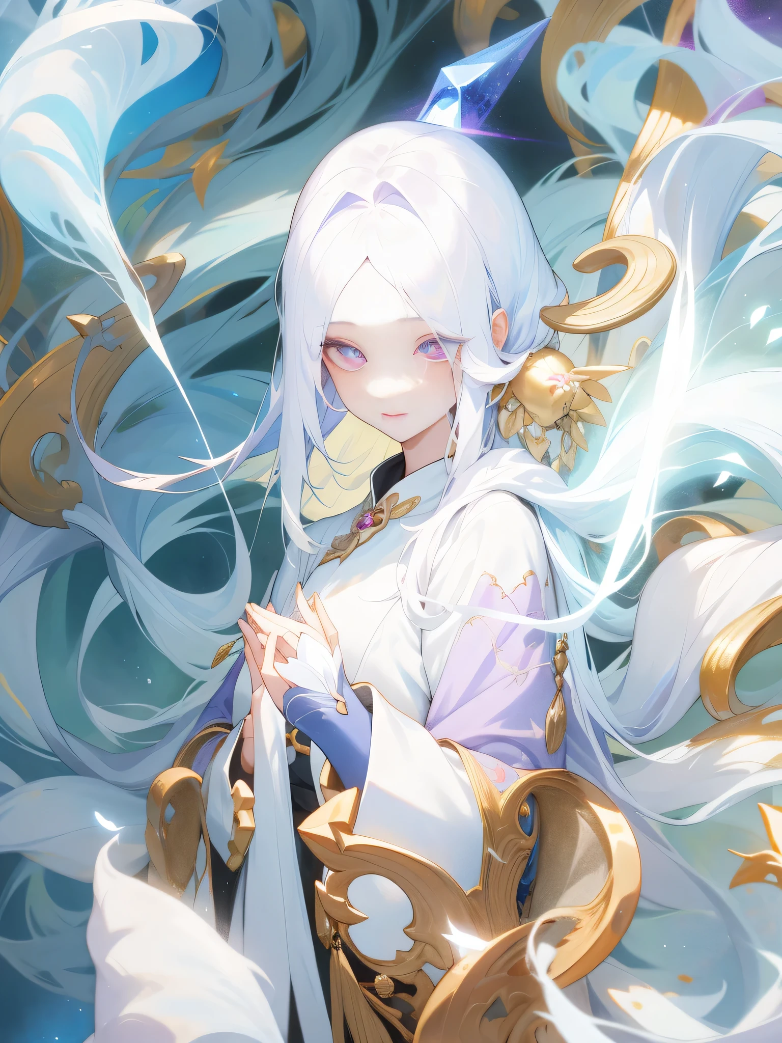 There is a woman in a black skirt, albino mystic, ethereal essence, Beautiful celestial mage, 4K details fantasy, flowing long hair, Elegant light-h 0, Detail of long white hair, Light milky white porcelain skin，lilac student