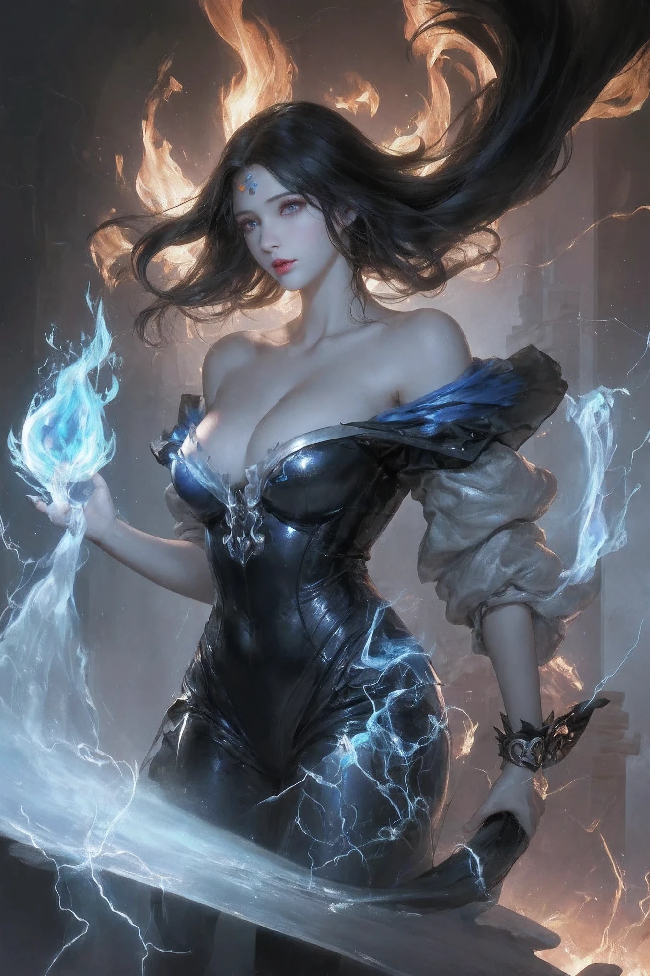 1 girl,black hair,blue fire,electricity,vitality,fire,fire焰,ghost,luminescent,Human jade,jewelry,閃electricity,lips,long hair,magic,skull,alone,Spirit,