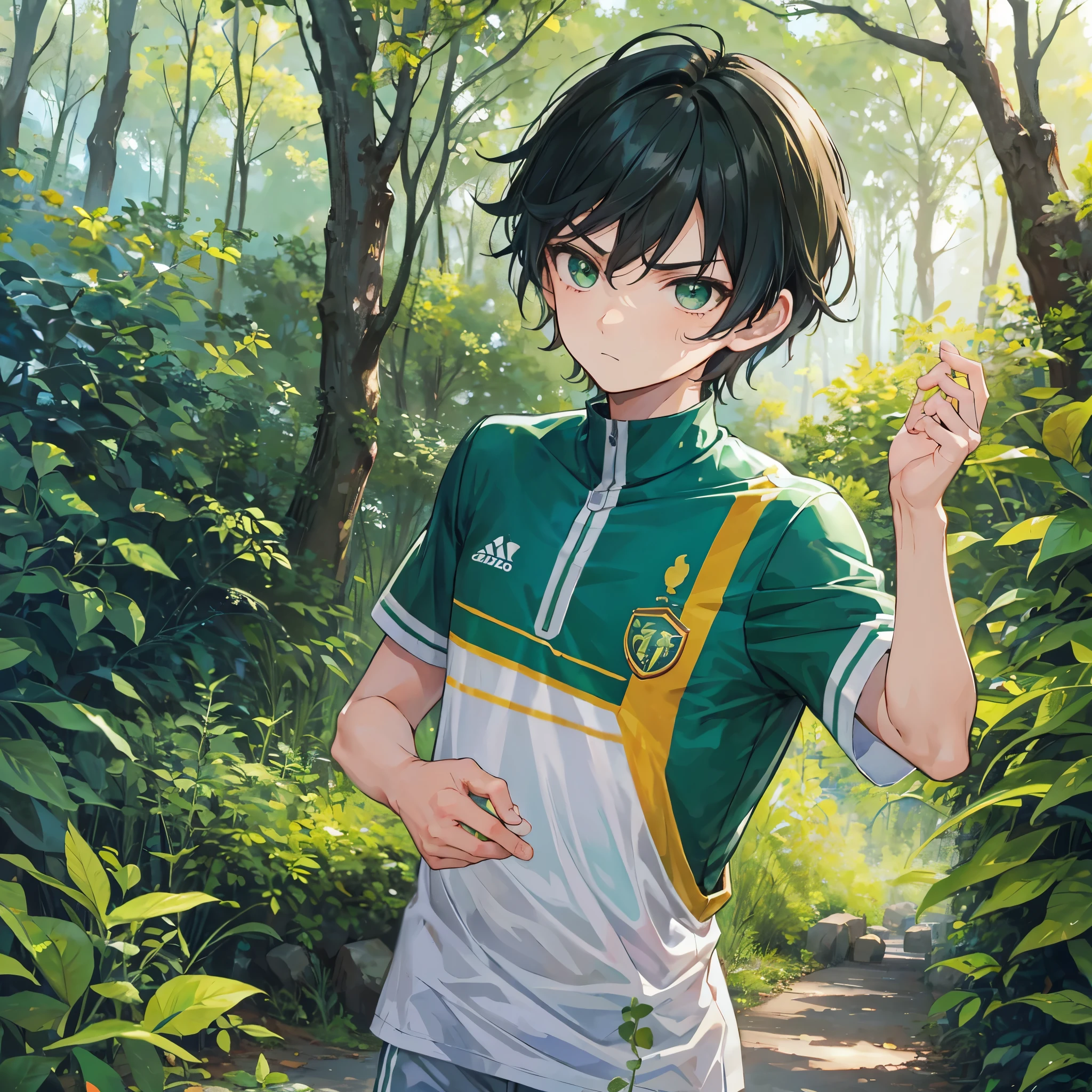 1boy, masculino, soccer uniform , green eyes , inside the forest, furious face , forest