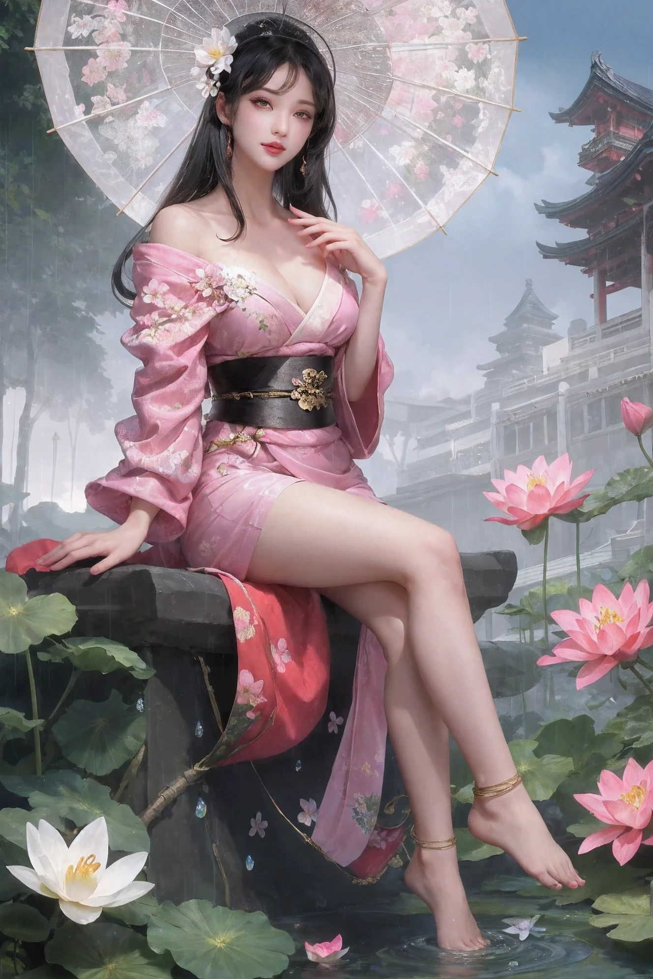 1 girl,Anklet,bare legs,bare shoulders,barefoot,beach umbrella,black hair,black umbrella,blue umbrella,breast,split,clavicle,foot,碎flower,flower,hair flower,hair accessories,Keep,Keep umbrella,繡球flower,japanese clothes,jewelry,kimono,kiseru,lantern,lily \(flower\),lily pad,lips,lipstick,looking at the audience,莲flower,cosmetics,nail polish,Heart,Off the shoulders,oil-paper umbrella,paper lantern,parasol,pink umbrella,plant,potted plant,rain,red umbrella,sash,shared umbrella,sitting,alone,teruterubouzu,toenail polish,toe甲,toe,transparent umbrella,umbrella,water,white flower,white umbrella,