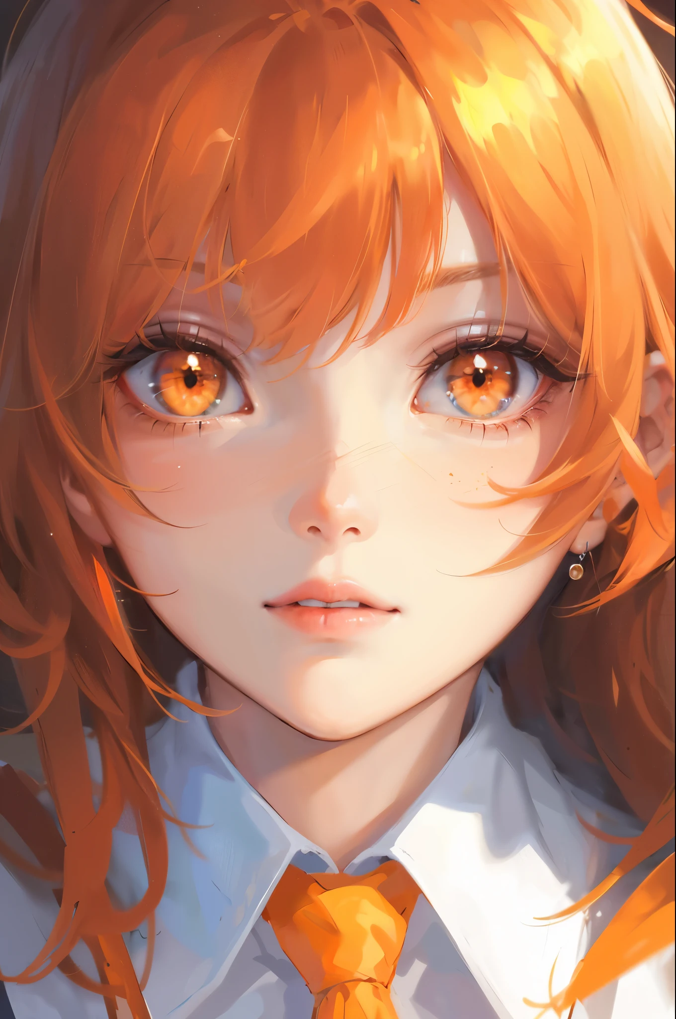 best quality, face focus, soft light, ultra high res 1girl, solo, cute, (orange eye), (pupil, lights in the eyes), detailed beautiful face, (high resolution detail), medium hair, orange hair, ((Wearing school uniform)).