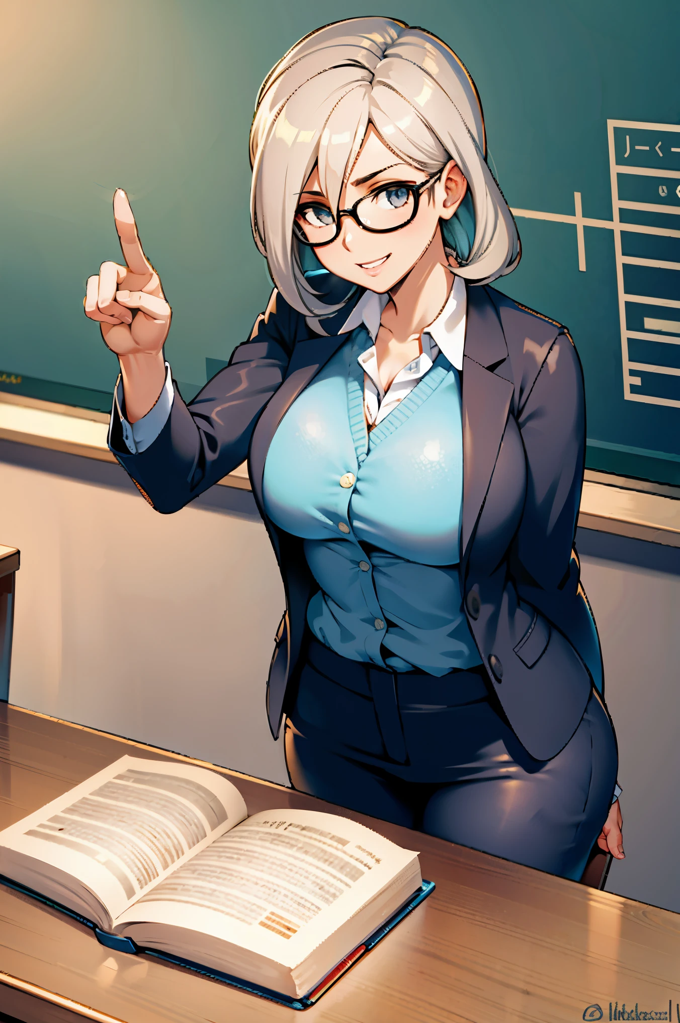 Profesora sexy en un aula dando clases,con gafas y rl pelo recojido,muy guapa,pointing at the stone and teaching mathematics,uniforme escolar apretado y ajustado a su cuerpo voluptuoso,falda corta y escote a la vista,alumnos sentados en sus asientos,profesora simpatica,estudiantes estudiando con un libro,