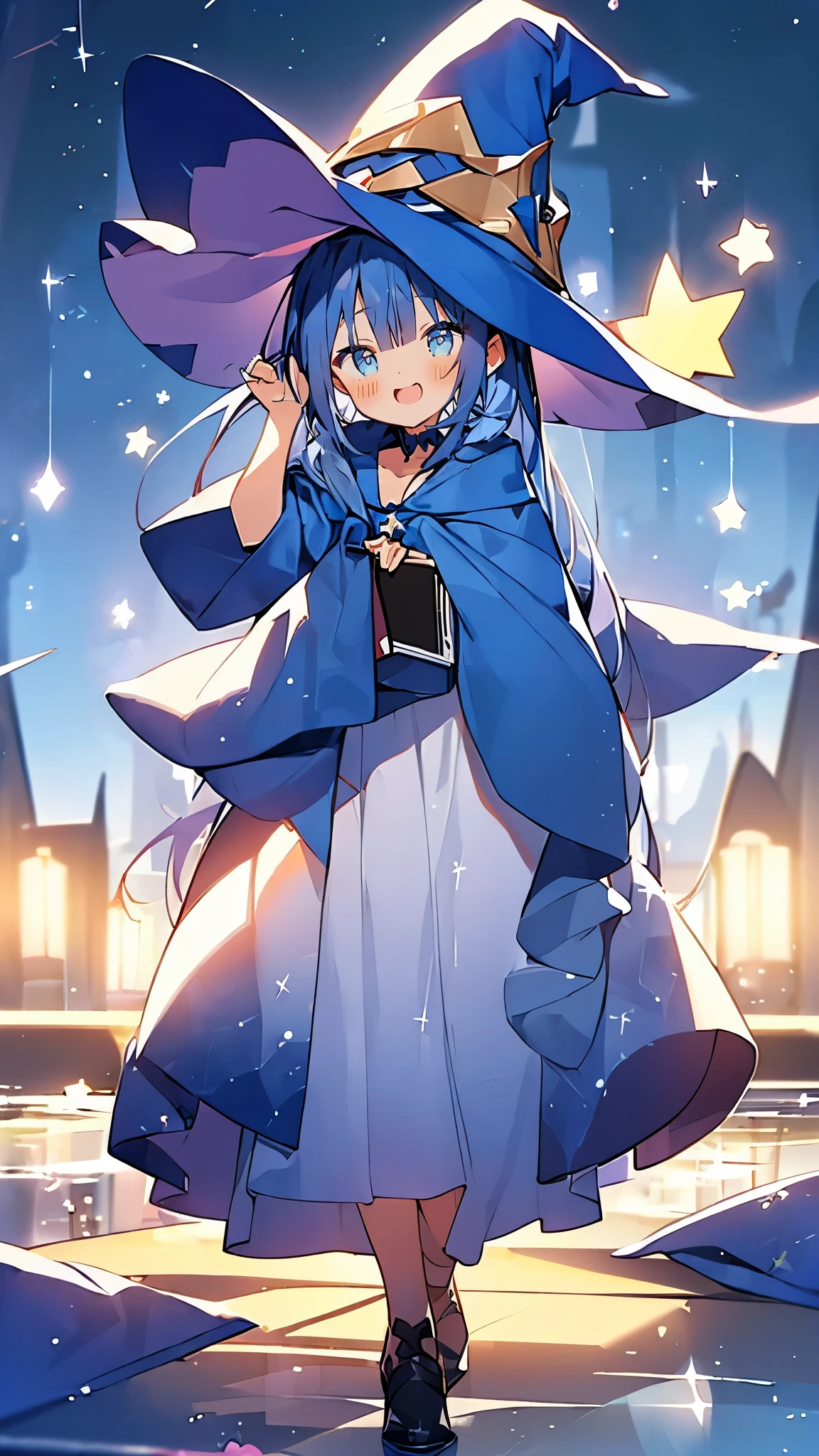 ((magic使いの女の子:1.5)), Full body shot,perfect face, beautiful face, highly detailed face,(blue long hair_yellow eyes:1.3),(witch hat:1.3),Witch's broom,magicの杖,book of magic,night sky,たくさんのstar,shine,Light,smile,magic,Sparkling,月Light,starの粒,star々,moonlight,流れstar