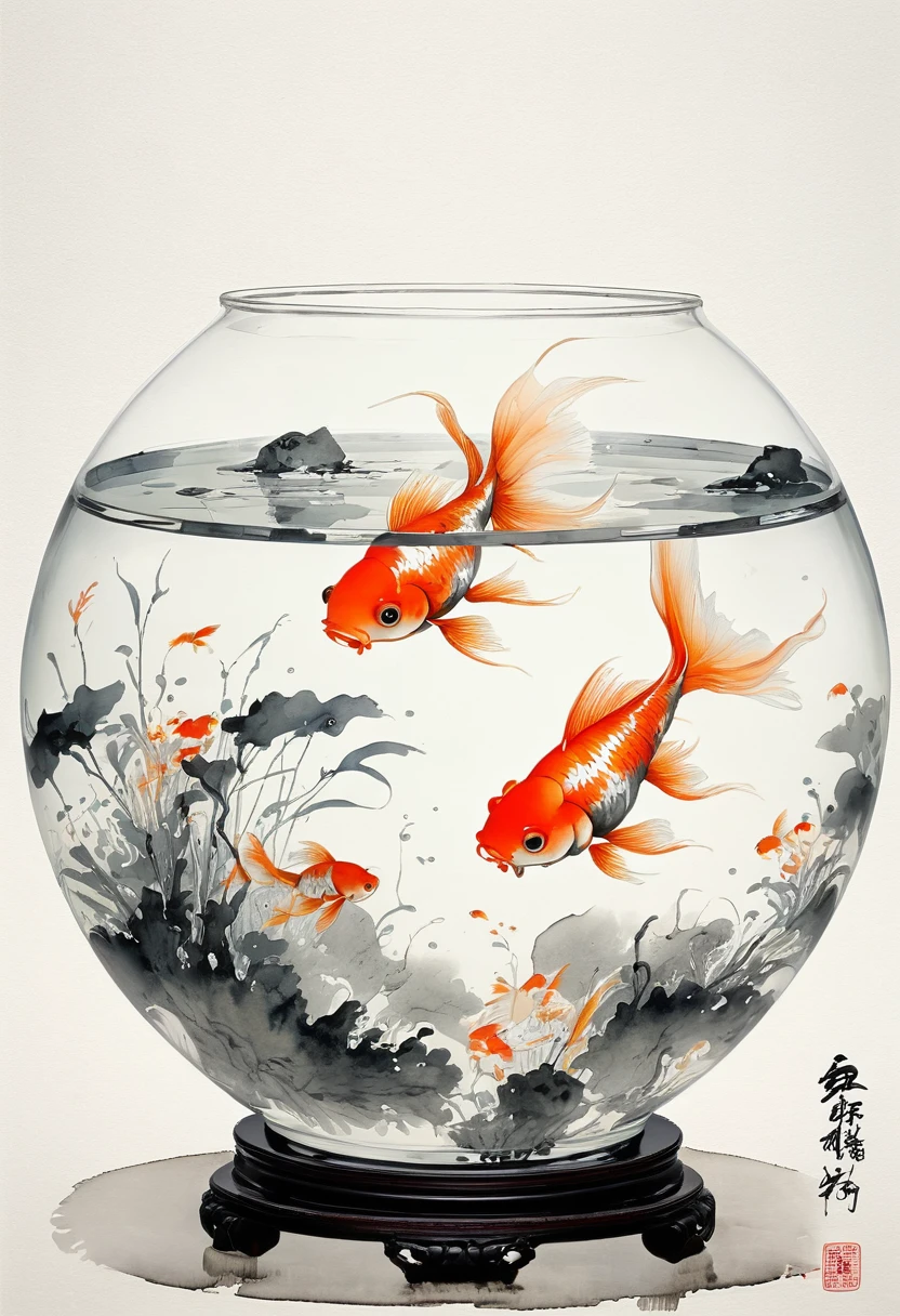 by Wu Guanzhong, ink and wash, Goldfish in glass fishbowl, (best quality, perfect masterpiece, Representative work, official art, Professional, high details, Ultra intricate detailed:1.3)