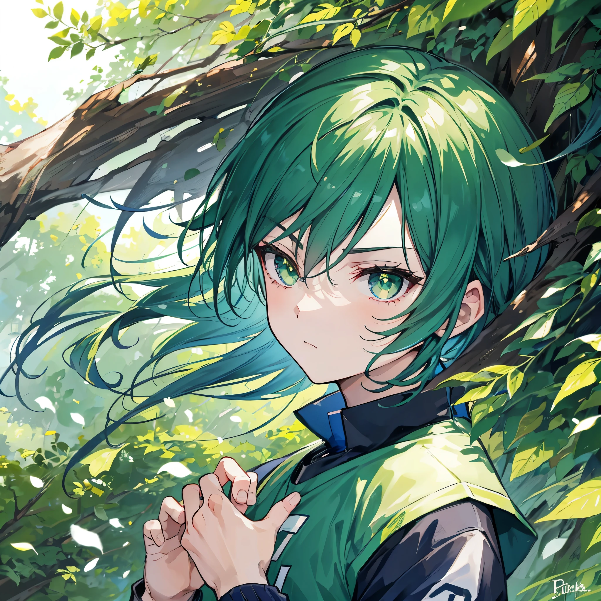 1boy, masculino, soccer uniform , green eyes , inside the forest, furious face , forest