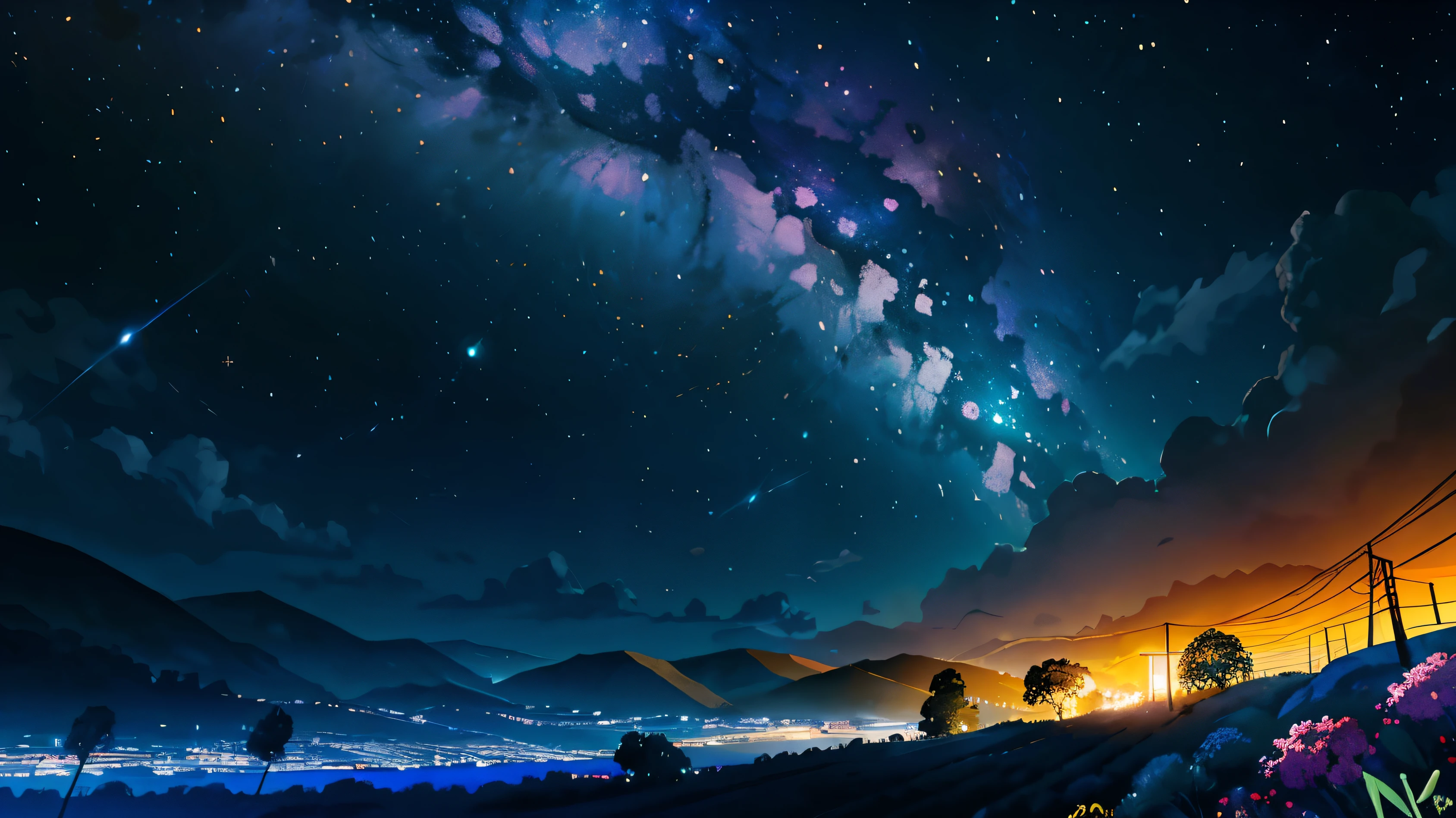 Fotografia de paisagem ampla , (a view from below that shows the sky above and the open countryside below), uma garota parada no campo de flores olhando para cima, (lua cheia:1.2), ( estrelas cadentes:0.9), (nebula:1.3), montanha distante, tree BREAK production art, (fonte de luz quente:1.2), (vaga-lume:1.2), light bulb, muito roxo e laranja, detalhes intrincados, BREAK volumetric lighting
(obra de arte:1.2), (melhor qualidade), 4k, ultra-detalhado, (Dynamic Composition:1.4), altamente detalhado, detalhes coloridos,( cores iridescentes:1.2), (bright lighting, Atmospheric lighting), sonhadores, magical, (Sozinho:1.2)