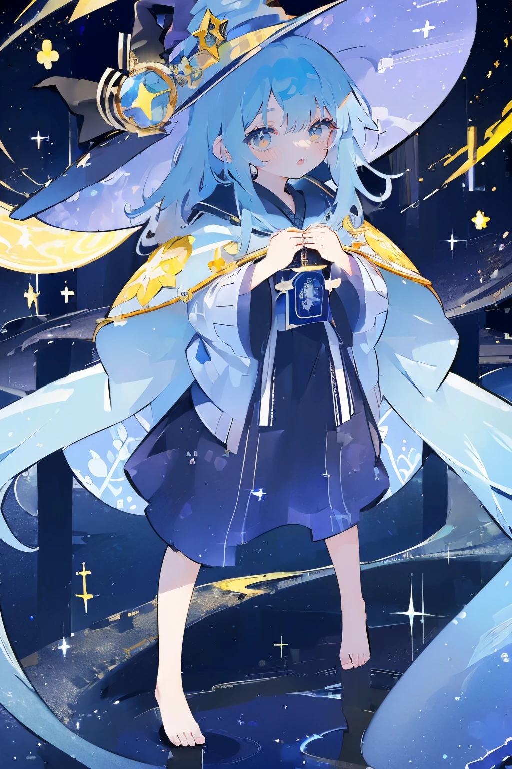 ((magic使いの女の子:1.5)), Full body shot，perfect face, beautiful face, highly detailed face，(blue long hair_yellow eyes:1.3)，(witch hat:1.3)，Witch's broom，magicの杖，book of magic，night sky，たくさんのstar，shine，Light，smile，magic，Sparkling，月Light，starの粒，star々，moonlight，流れstar