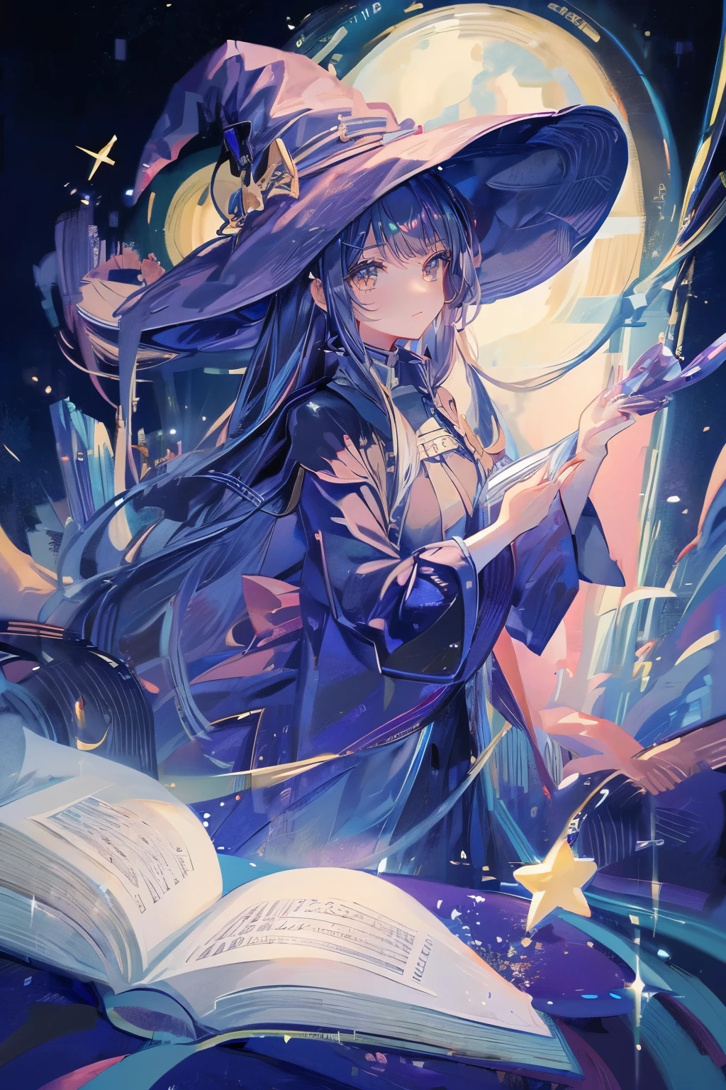 ((magic使いの女の子:1.5)), Full body shot,perfect face, beautiful face, highly detailed face,(blue long hair_yellow eyes:1.3),(witch hat:1.3),Witch's broom,magicの杖,book of magic,night sky,たくさんのstar,shine,Light,smile,magic,Sparkling,月Light,starの粒,star々,moonlight,流れstar