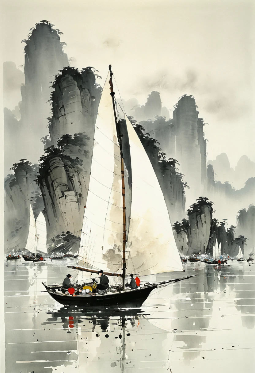 by Wu Guanzhong, ink and wash, Sailing competition, (best quality, perfect masterpiece, Representative work, official art, Professional, high details, Ultra intricate detailed:1.3)