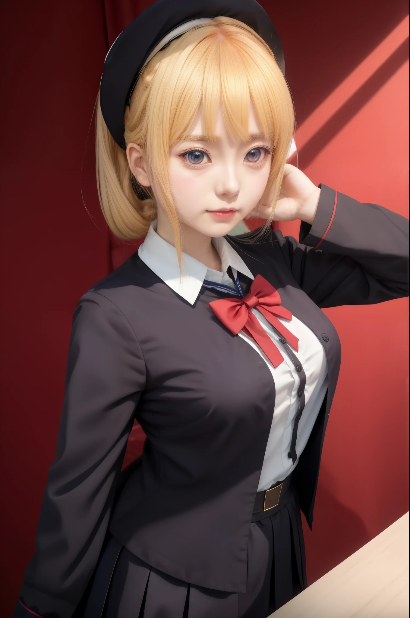 Anime girl in uniform with hat and bow tie looking at camera., artoria pendragon, anime moe art style, female protagonist 👀 :8, Finos detalles. chicas de primera linea, yandere gapmoe, from chicas de primera linea, yandere, yandere. alto, Kantai collection style, marin kitagawa fan art, mejor fondo de pantalla de anime 4k konachan