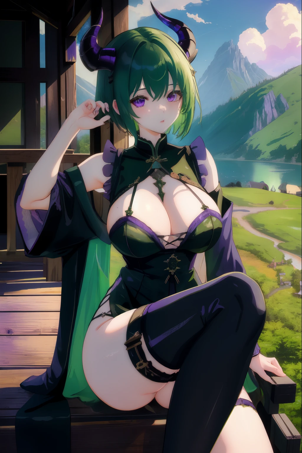 masterpiece、high quality、girl、green hair、purple eyes、two big horns、Scandinavian black dress、Beautiful leg lines、big breasts、short hair、log house