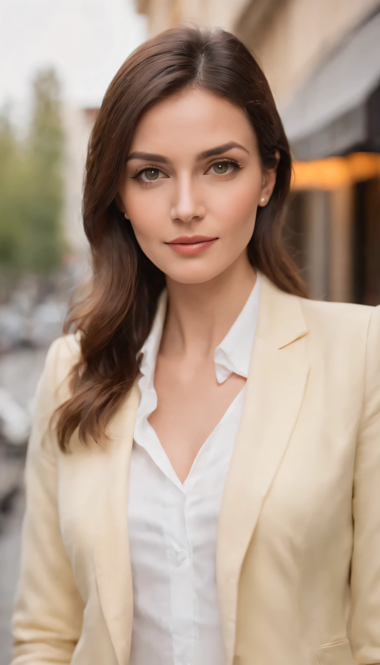 mulher de 35 anos, slim businessman, medium hair and green eyes, She's an entrepreneur, ela trabalha com perfumes importados, ela tem uma perfumaria, she wears a pencil skirt, uma camisa branca e um blazer laranja