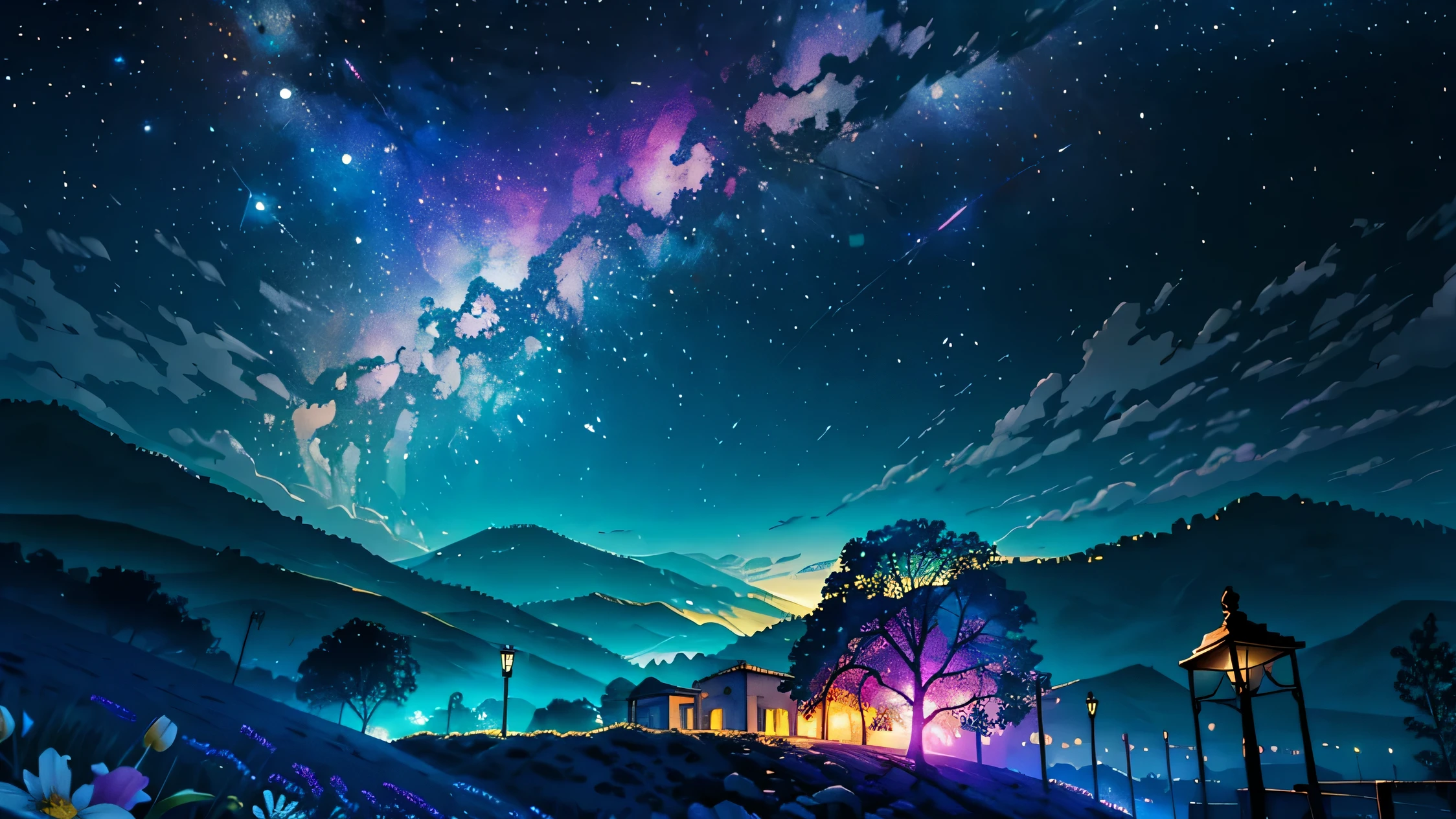 Fotografia de paisagem ampla , (a view from below that shows the sky above and the open countryside below), uma garota parada no campo de flores olhando para cima, (lua cheia:1.2), ( estrelas cadentes:0.9), (nebula:1.3), montanha distante, tree BREAK production art, (fonte de luz quente:1.2), (vaga-lume:1.2), light bulb, muito roxo e laranja, detalhes intrincados, BREAK volumetric lighting (obra de arte:1.2), (melhor qualidade), 4k, ultra-detalhado, (Dynamic Composition:1.4), altamente detalhado, detalhes coloridos,( cores iridescentes:1.2), (bright lighting, Atmospheric lighting), sonhadores, magical, (Sozinho:1.2)
