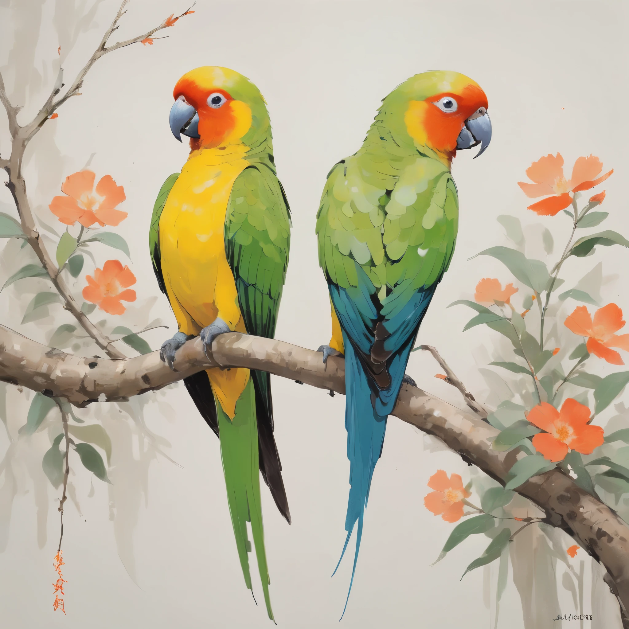  Wu Guanzhong impressionist painting, minimalism, unified coloring, fauvism, oil painting, candid portrait, Carolina parakeet, Carolina conure,  small green neotropical parrot with a bright yellow head, reddish orange face, and pale beak“Abstract beauty is the heart of the beauty of figurative art. It is a natural thing to which we all respond. As a  loves to play with a kaleidoscope, so everyone likes pure form and color.”