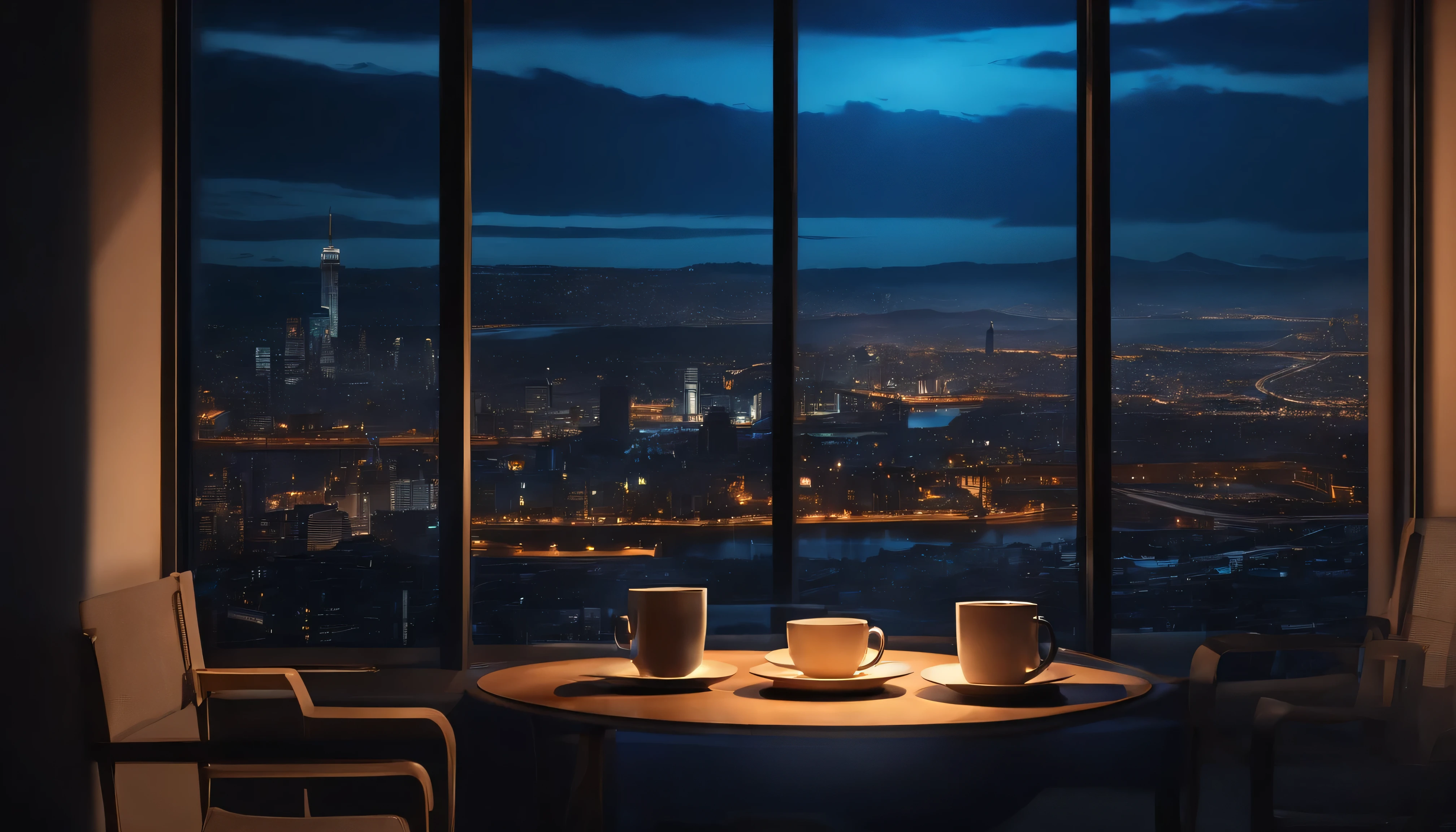 darkroom, night, table, a cup of coffee, soft shadow, Stylish and modern, luminous screen, cold blue light, Window to the city, Very detailed, anime scenery