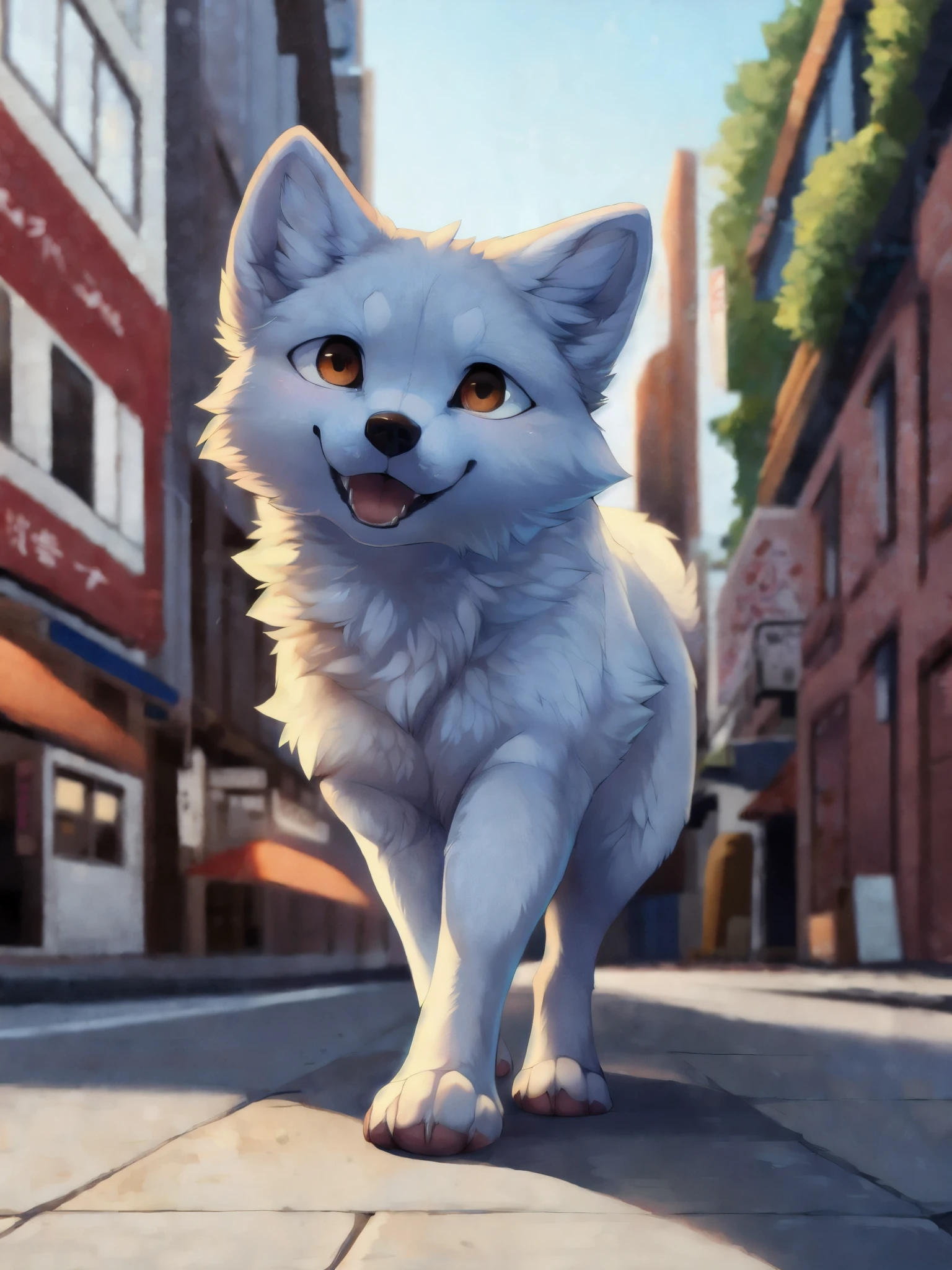 best quality, high quality, hi res, by hioshiru,by tsukune minaga,japanese city,public,detailed background, detailed fur, (solo:1.2),
BREAK
((a female feral arctic fox)), walking down the street,cute expression,  