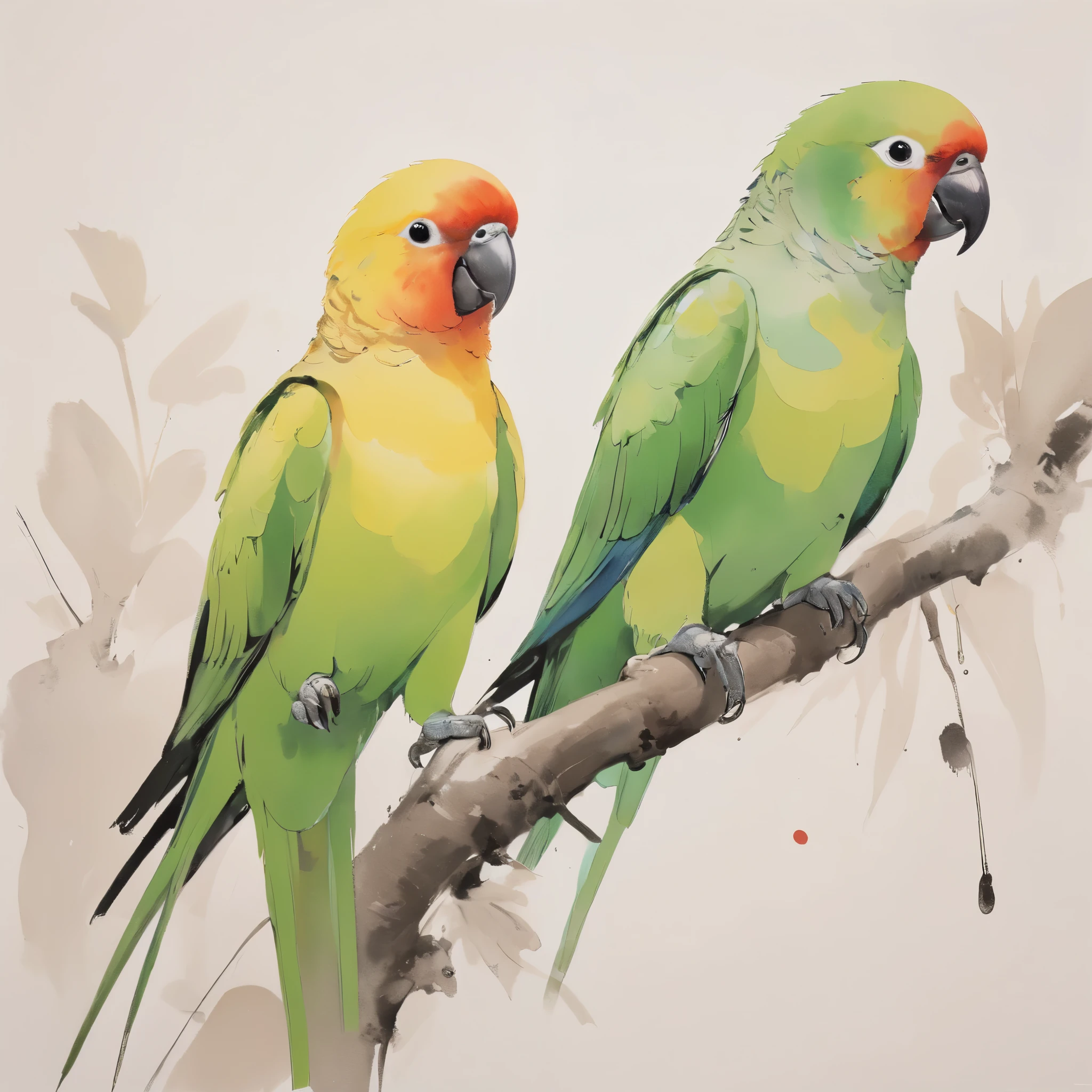 Wu Guanzhong impressionist painting, ink wash, minimalism, contemporary, emotive, painted with feeling, subtle flourishes of unified coloring, fauvism, oil painting, candid portrait, Carolina parakeet, Carolina conure, small green neotropical parrot with a bright yellow head, reddish orange face, and pale beak,“Abstract beauty is the heart of the beauty of figurative art. It is a natural thing to which we all respond. As a loves to play with a kaleidoscope, so everyone likes pure form and color.”