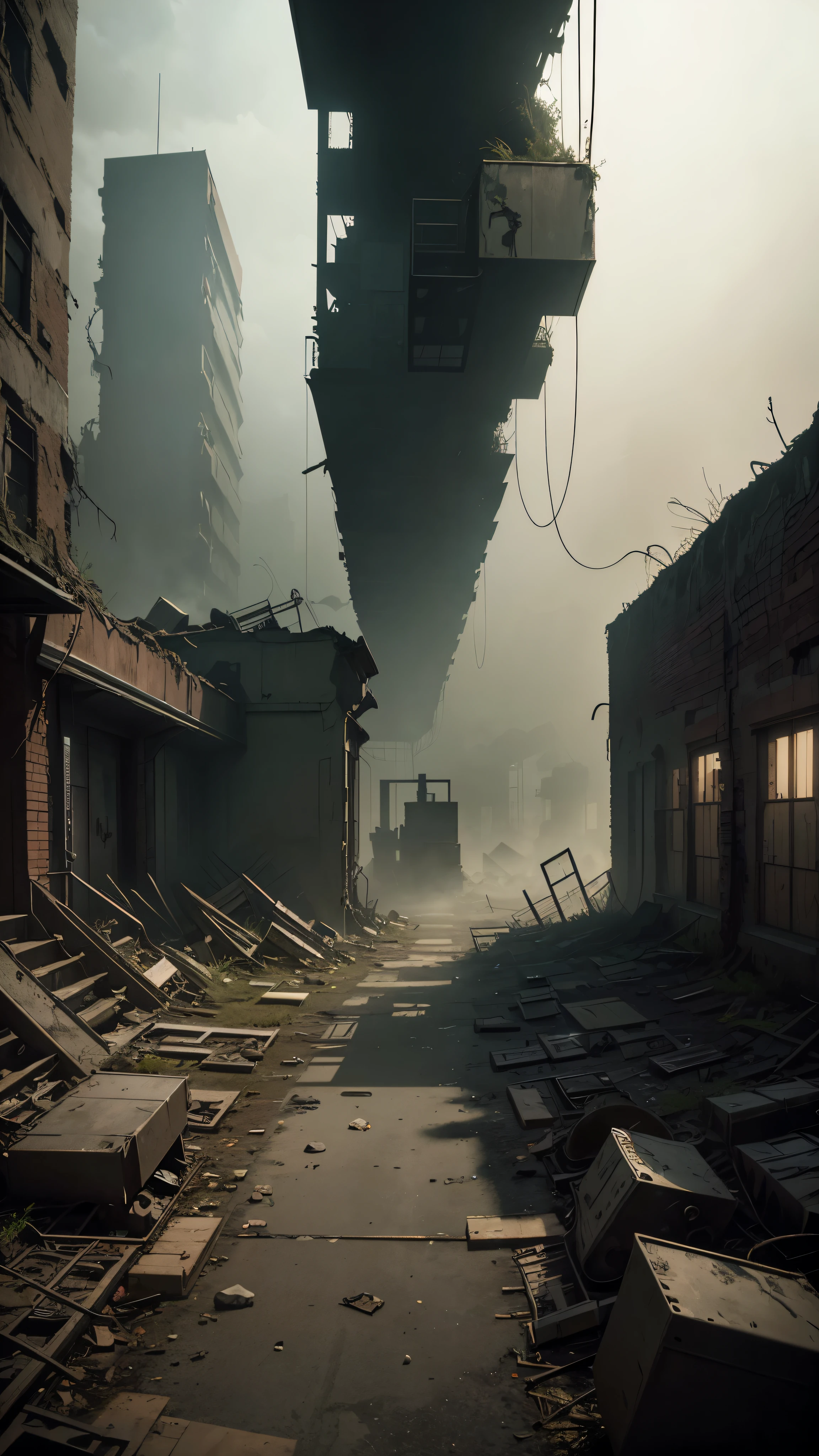 (Best quality,4K,8K,A high resolution,Masterpiece:1.2),Ultra-detailed,(Realistic,Photorealistic,photo-realistic:1.37),steampunc,illuminations,Cityscape,Abandoned,ruins,Hospital ruins,dystopian,Futuristic,Dark atmosphere,Towering buildings,wreckage,wires hanging,smoke-filled sky,overgrown vegetation,Desolate streets,Crumbling building,black wall,Weeds sprout,Debris was scattered all over the place,Decaying furniture,Discarded medical equipment,Broken windows,Broken glass,Ominous Shadows,be desperate,Dust-covered floor,Dimly lit corridors,An unforgettable silence,lost hope,Epidemic of disease,Desperate survivors,Empty hospital bed,Recycling technology,Temporary living space,Post-apocalyptic fashion,Doompunk singer,wind coat,Leather goggles,Gas masks,cybernetic limb,Metal prosthesis,cogs and gears,Brass decoration,Steam-powered machinery,thing,Mechanical Wonder,GLOOMY AMBIANCE,Sepia color palette,Divine light flowed through the shattered ceiling,intense contrast,Moody lighting.