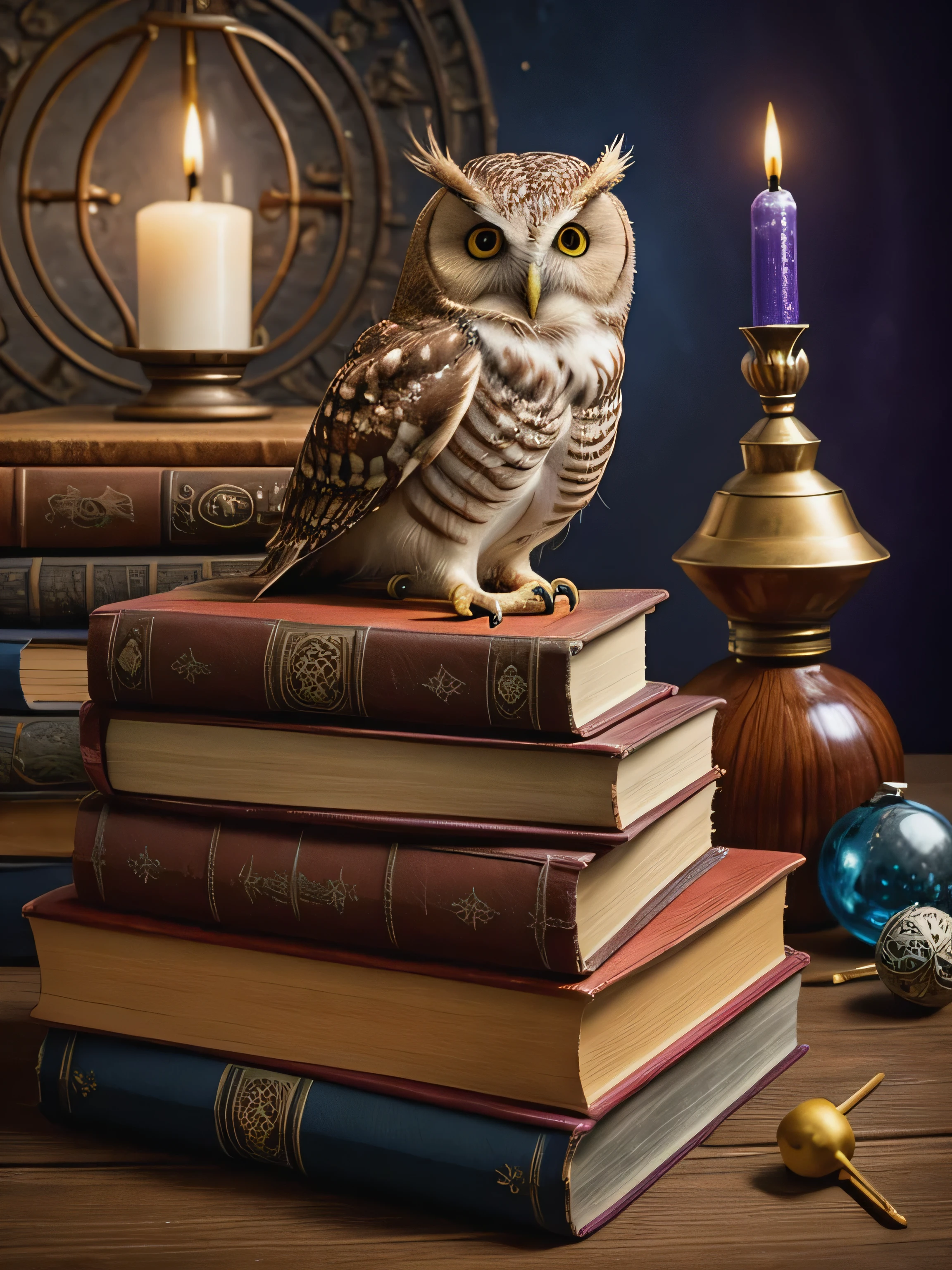 3919625715 Cute owl sitting on top of spell books, surrounded by potion, Tarot --v 4