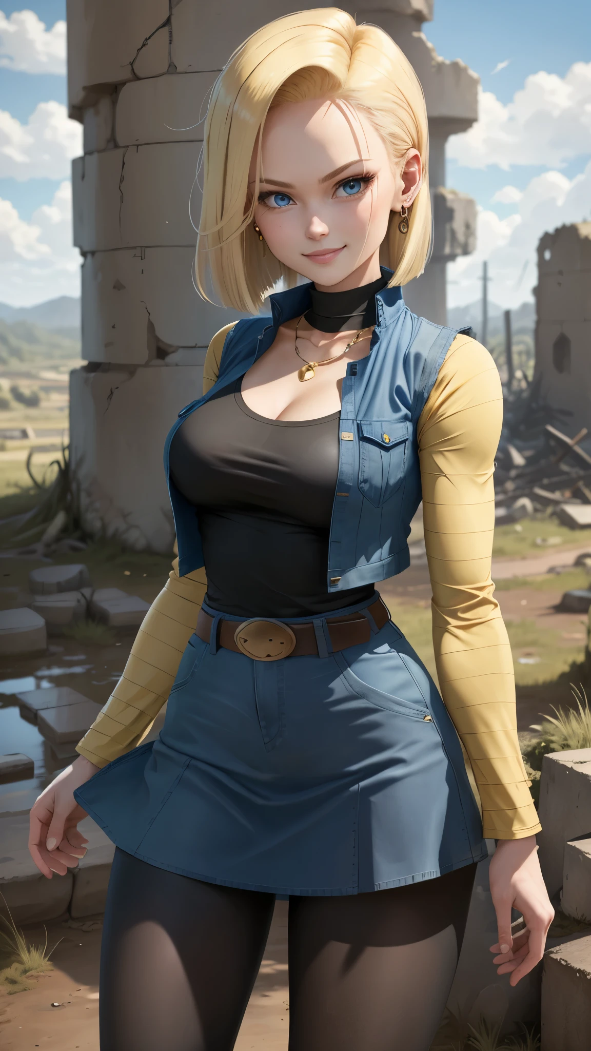 best quality, high-res, and18, 1girl, android 18, solo, blonde hair, blue eyes, belt, blue demin bodycon skirt, gold necklace, black shirt, short hair, long sleeves, striped sleeves, earrings, open vest, blue denim vest, large breasts, cowboy shot, forest, straight-on, (weather: windy), combat ready position, full length pantyhose, battle ruins, wide hips, shy smile,