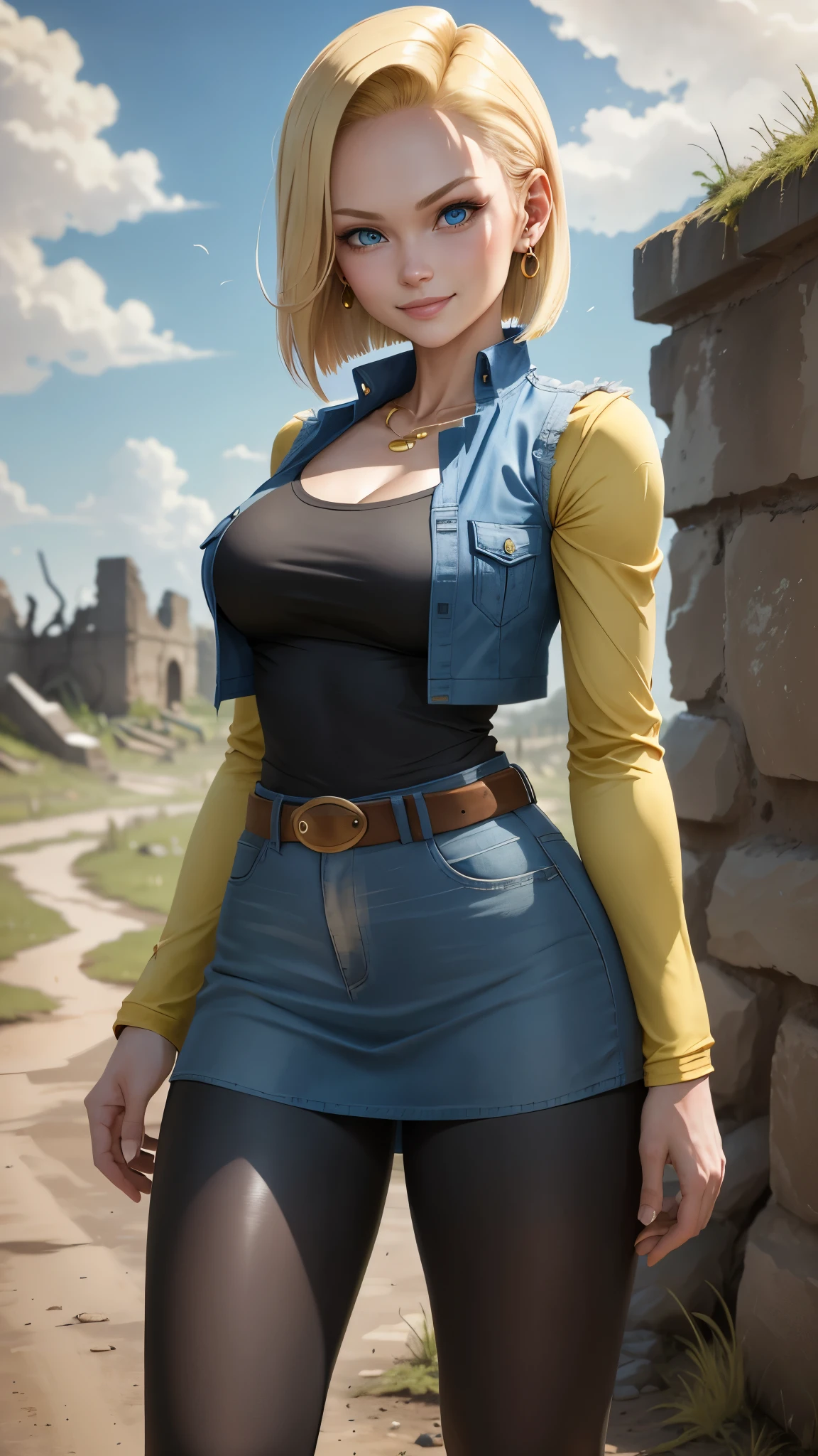 best quality, high-res, and18, 1girl, android 18, solo, blonde hair, blue eyes, belt, blue demin bodycon skirt, gold necklace, black shirt, short hair, long sleeves, striped sleeves, earrings, open vest, blue denim vest, large breasts, cowboy shot, forest, straight-on, (weather: windy), combat ready position, full length pantyhose, battle ruins, wide hips, shy smile,