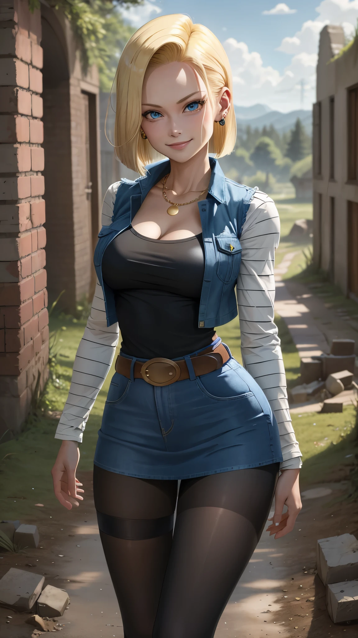 best quality, high-res, and18, 1girl, android 18, solo, blonde hair, blue eyes, belt, blue demin bodycon skirt, gold necklace, black shirt, short hair, long sleeves, striped sleeves, earrings, open vest, blue denim vest, large breasts, cowboy shot, forest, straight-on, (weather: windy), combat ready position, full length pantyhose, battle ruins, wide hips, shy smile,