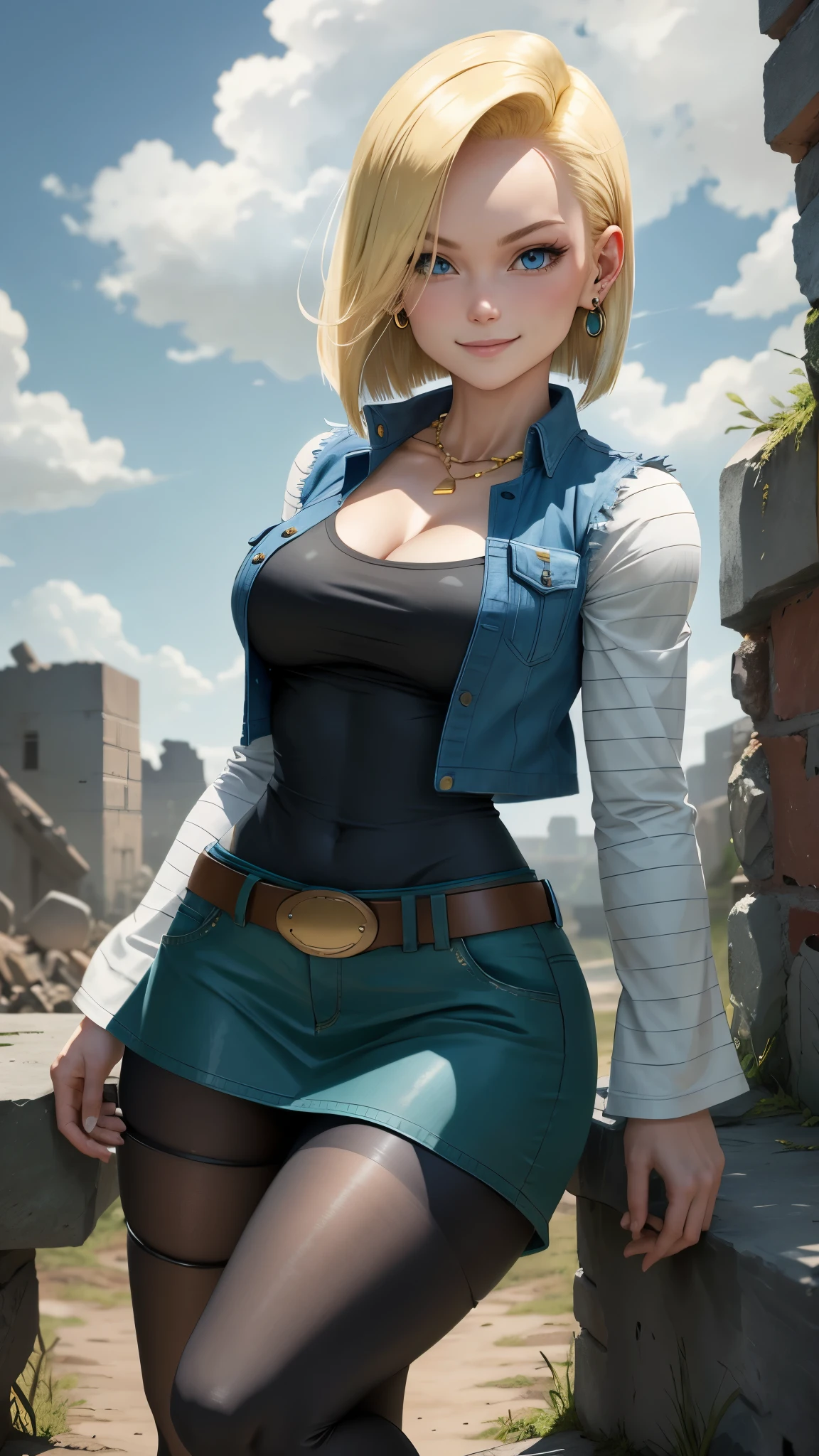 best quality, high-res, and18, 1girl, android 18, solo, blonde hair, blue eyes, belt, blue demin bodycon skirt, gold necklace, black shirt, short hair, long sleeves, striped sleeves, earrings, open vest, blue denim vest, large breasts, cowboy shot, forest, straight-on, (weather: windy), combat ready position, full length pantyhose, battle ruins, wide hips, shy smile,