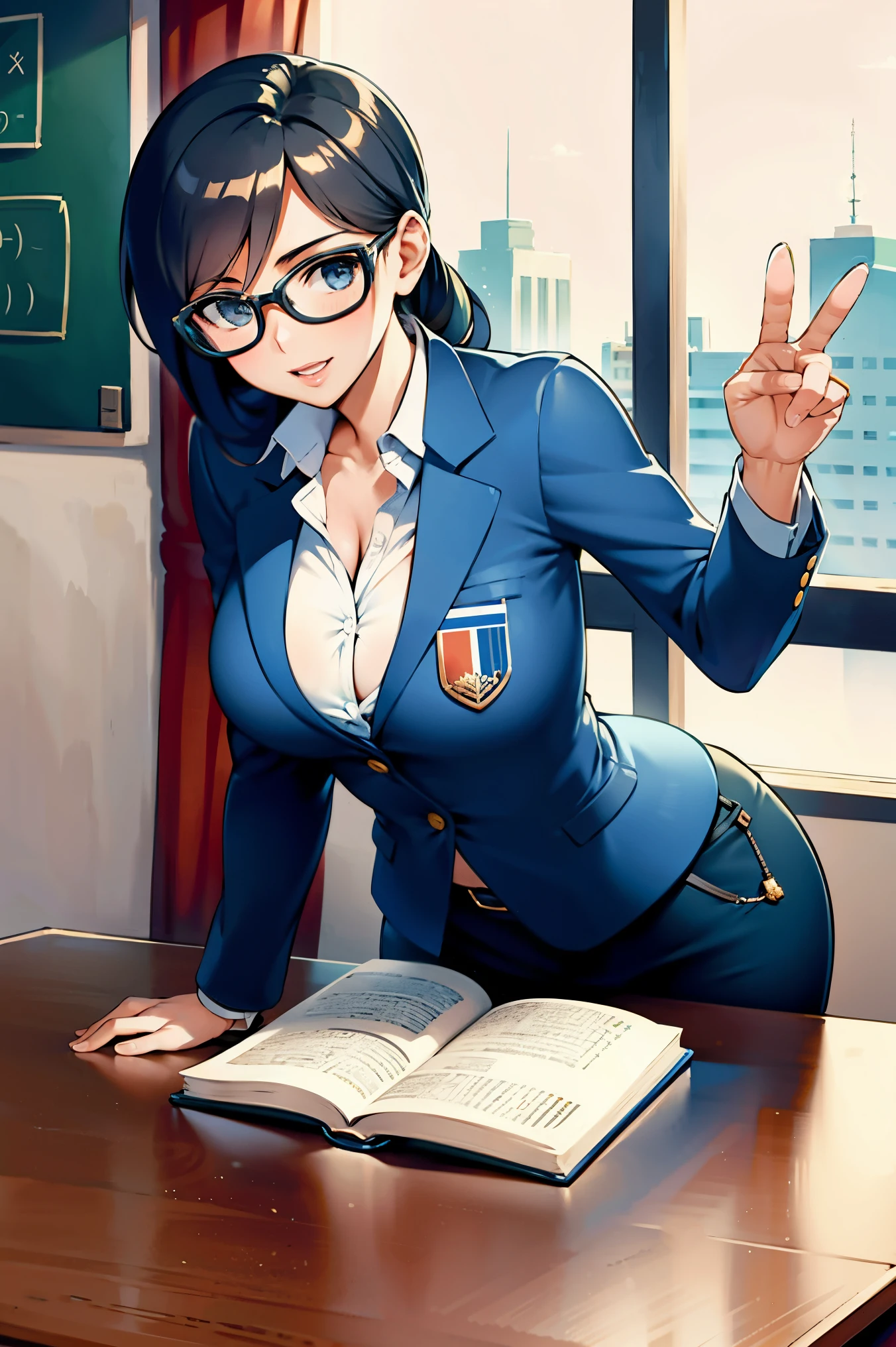 Profesora sexy en un aula dando clases,con gafas y rl pelo recojido,muy guapa,pointing at the stone and teaching mathematics,uniforme escolar apretado y ajustado a su cuerpo voluptuoso,falda corta y escote a la vista,alumnos sentados en sus asientos,profesora simpatica,estudiantes estudiando con un libro,(realismo)