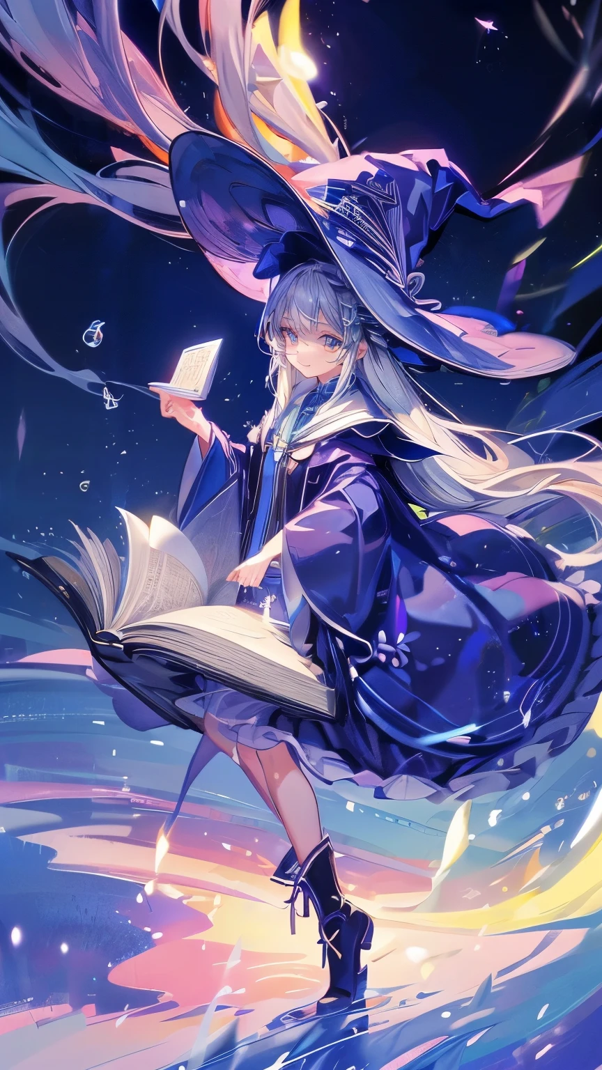 ((magic使いの女の子:1.5)), Full body shot,perfect face, beautiful face, highly detailed face,(blue long hair_yellow eyes:1.3),(witch hat:1.3),boots,Witch's broom,magicの杖,book of magic,night sky,たくさんのstar,shine,Light,smile,magic,Sparkling,月Light,starの粒,star々,moonlight,流れstar