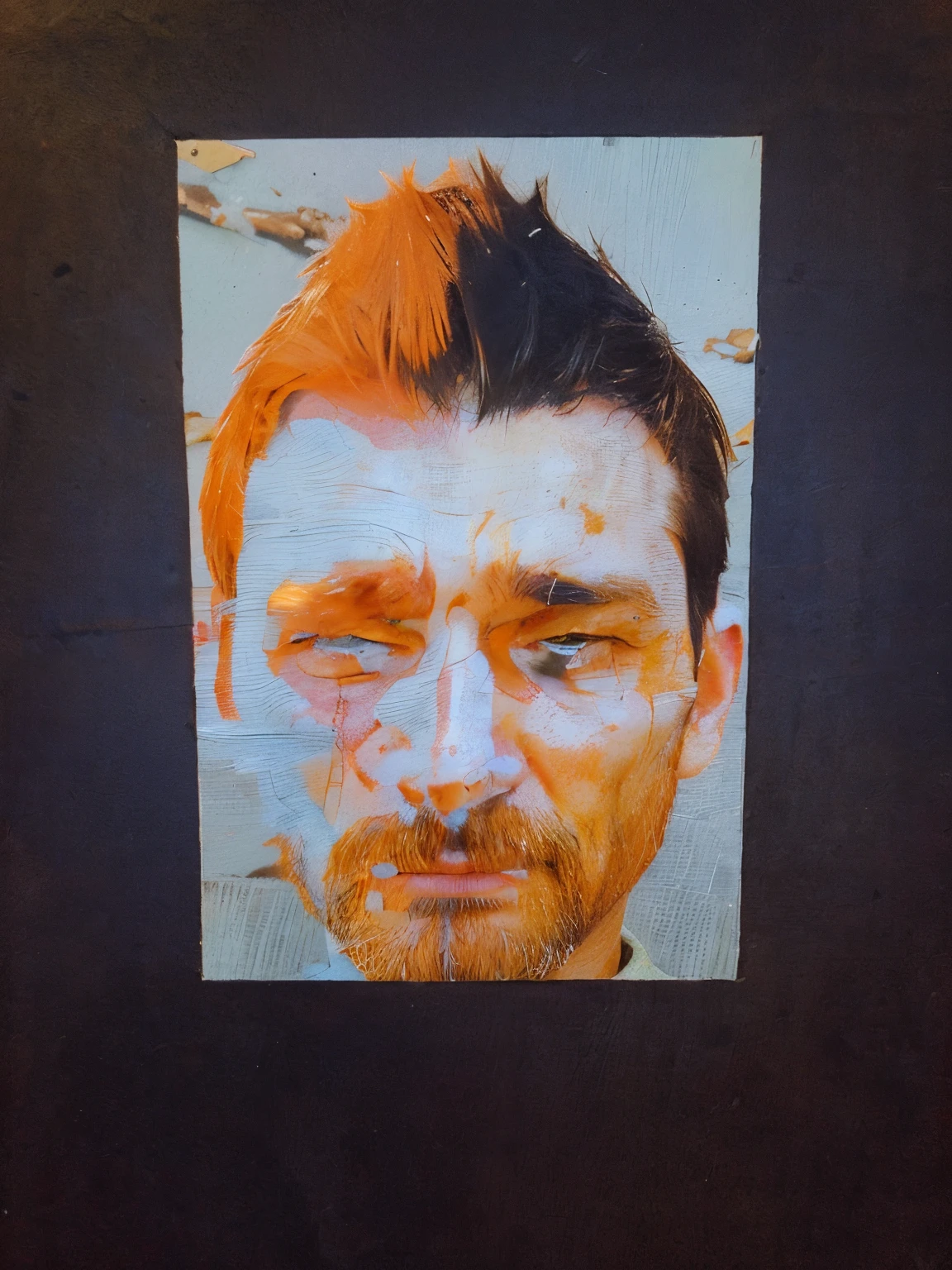 Draw a tall, full-bodied man with short brown hair and an unshaven beard. His face is marked by scars and wrinkles, the result of years of battle and suffering. He wears a worn-out leather jacket and tattered jeans. At his waist is a sharp machete and an antique pistol. His brown eyes express determination and sadness.
