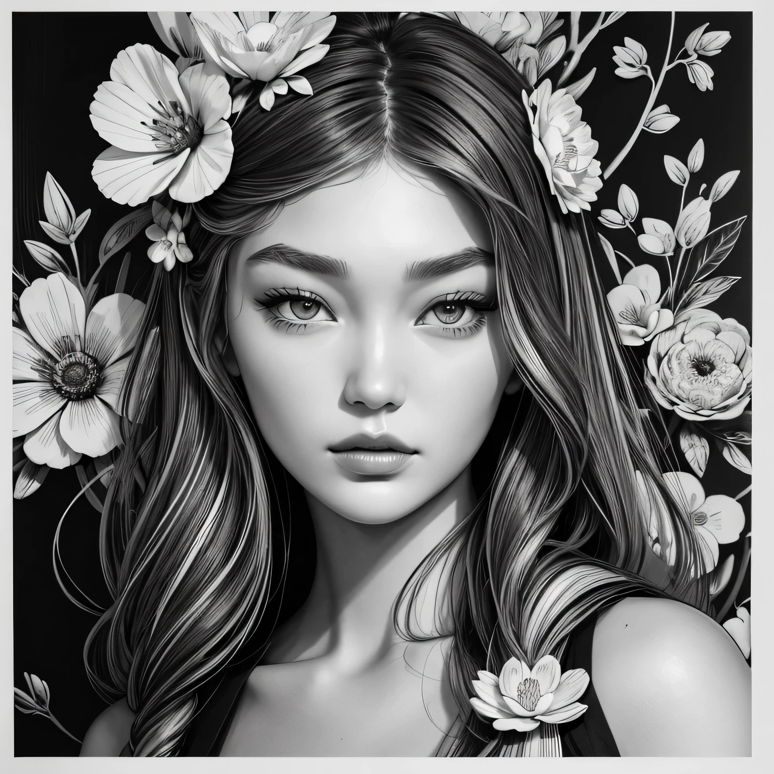 Black and white stick figure 1 girl with flowers, lots of flowers in background, in dress with flowers, its fine ink line art, comic style, portrait of ploynesian girl,Gigi Hadid Hollywood glam, beautiful line art, black and white comic style, realistic, pencil and ink caricature drawing, black and white coloring
