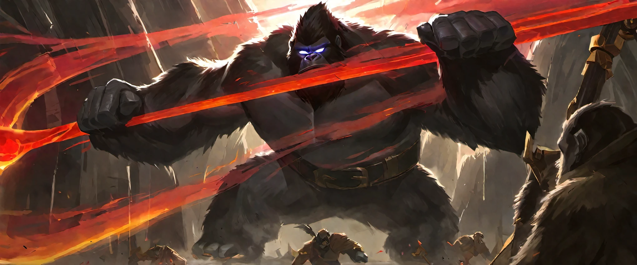 A colossal, muscular gorilla sits in the center of the image, its frame seemingly glowing with an inner glow. Its body is covered in thick, dark fur that seems to glow and dance with every powerful movement it makes. His eyes shine with a fierce determination, fixed on something beyond the viewer's line of sight. His chest is broad and powerful, stretching impossibly as it rises and falls with each labored breath. The most striking feature, however, is a bright red bar that appears to run down his spine, pulsing with energy and casting a crimson hue over his entire body. This aura of fire and strength emanates outward, illuminating the remaining darkness and leaving the viewer in no doubt about the primordial power surging through the gorilla's veins. His muscles ripple and flex as he tenses his form, ready to spring into action at any moment. The image conveys a sense of raw, indomitable strength and ferocity that is both inspiring and terrifyingly primal, he carries a glowing baton, he is on a pirate ship, League of Legends style concept art