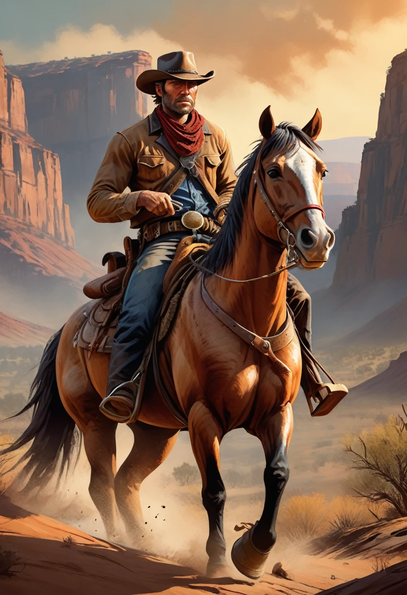 A cowboy on a horse, lonely, digital illustration of Arthur Morgan from Red Dead Redemption, western art by Tim Doyle, trending on Artstation, wild west, canyon landscape, warm color palette, dramatic lighting, dusty atmosphere, rugged terrain, detailed horse anatomy, detailed facial features, weathered cowboy hat, worn leather boots, vintage revolver, flowing horse mane and tail, iconic cowboy pose, epic sense of adventure, dynamic composition, realistic textures and shading, high-resolution masterpiece (4k, high-res:1.2), vibrant colors, breathtaking scenery.