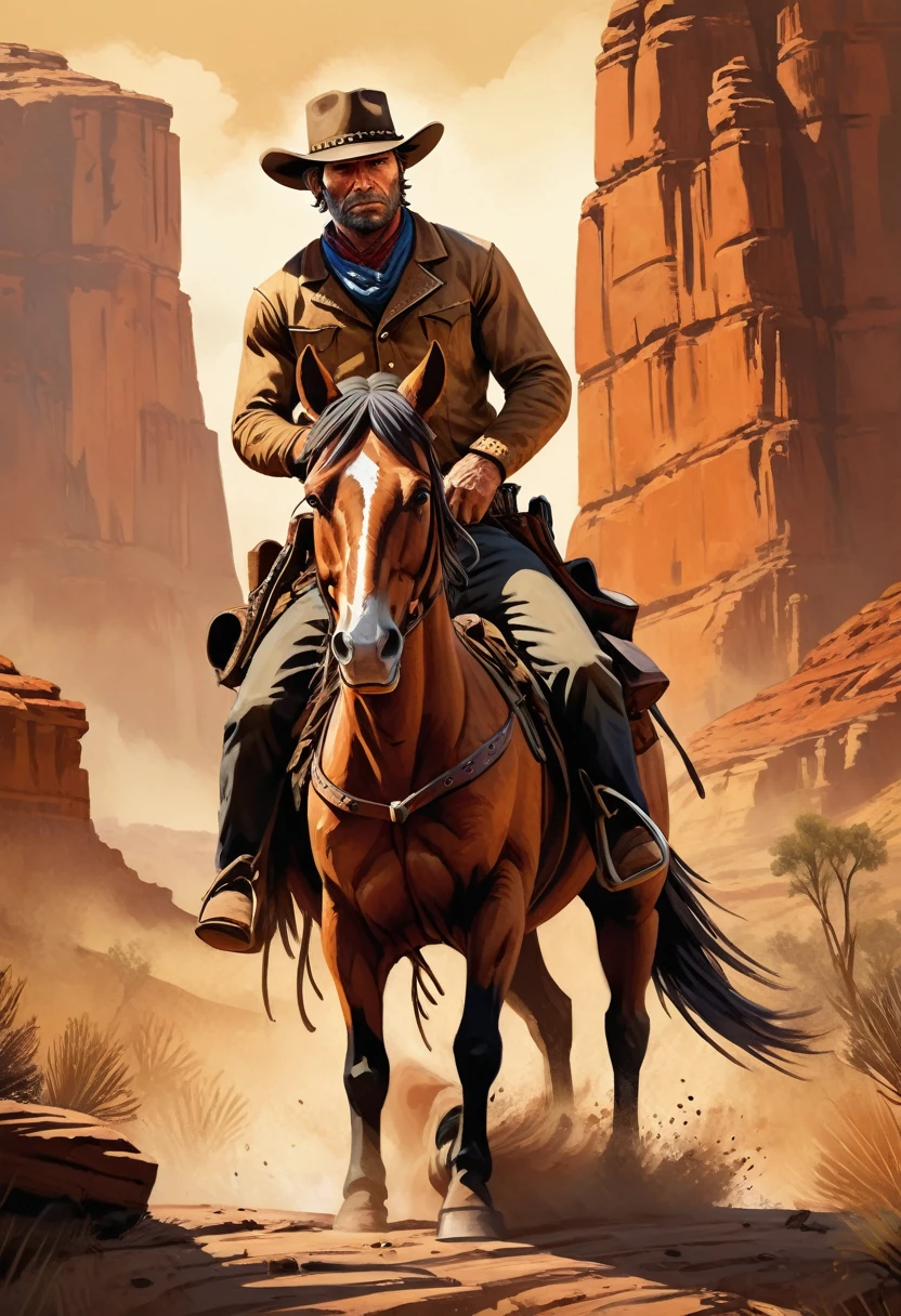 A cowboy on a horse, lonely, digital illustration of Arthur Morgan from Red Dead Redemption, western art by Tim Doyle, trending on Artstation, wild west, canyon landscape, warm color palette, dramatic lighting, dusty atmosphere, rugged terrain, detailed horse anatomy, detailed facial features, weathered cowboy hat, worn leather boots, vintage revolver, flowing horse mane and tail, iconic cowboy pose, epic sense of adventure, dynamic composition, realistic textures and shading, high-resolution masterpiece (4k, high-res:1.2), vibrant colors, breathtaking scenery.