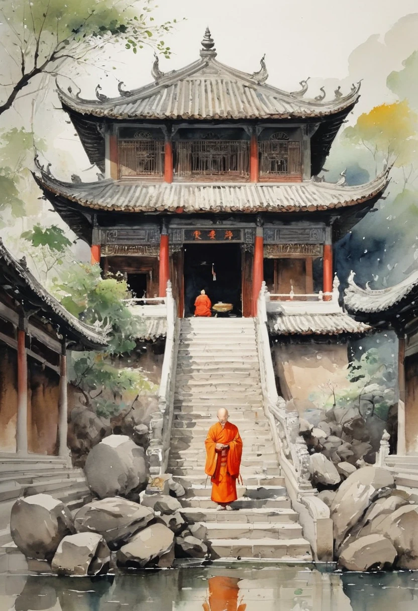 by Wu Guanzhong, watercolor art, monk in temple, masterpiece, high details, intricate detailed
