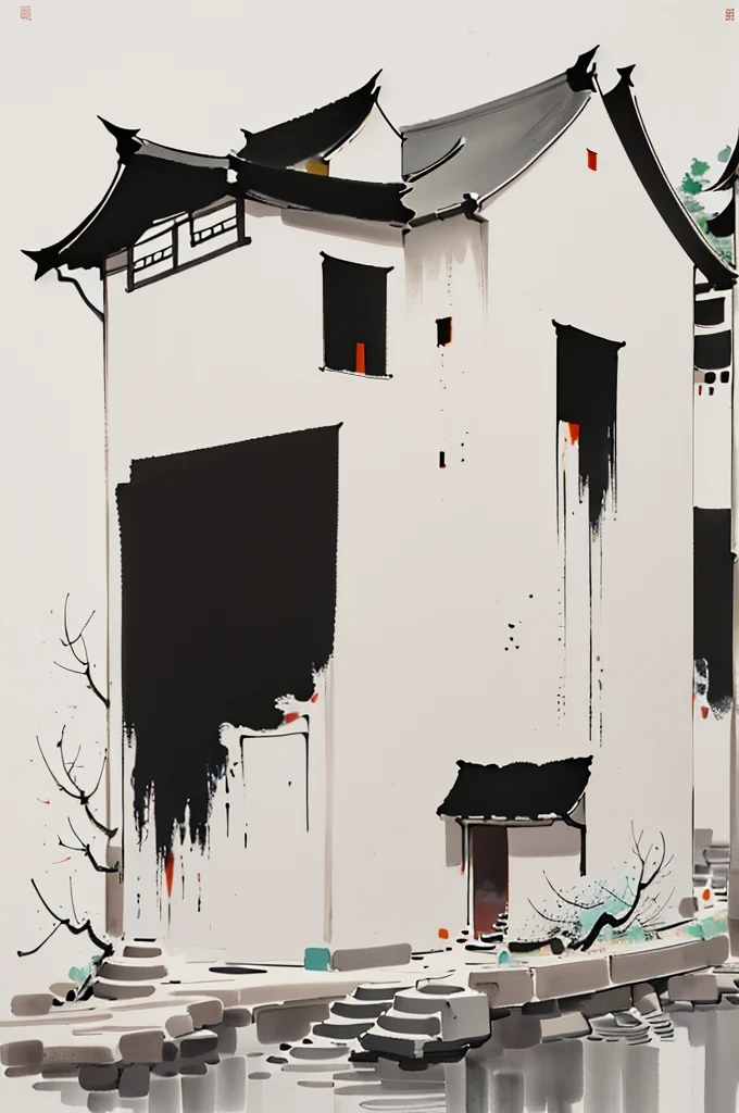 (abstract ink painting:1.5)，author:Wu Guanzhong,author:Wu Guanzhong，Wu Guanzhong的艺术风格，The fusion of Chinese ink painting and modernist aesthetics，Simple yet powerful lines and shapes，minimalist，