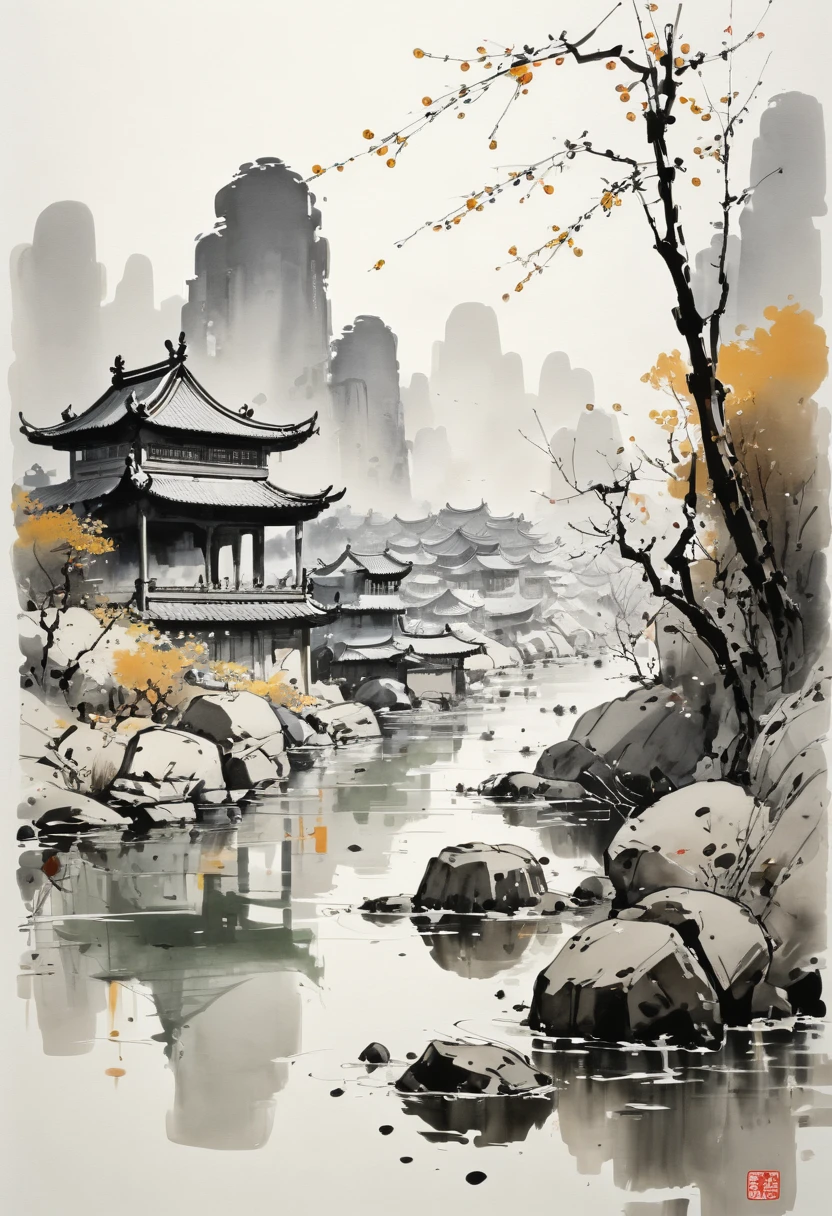 by Wu Guanzhong, (by Zootopia:0.2), ink and wash, (best quality, perfect masterpiece, Representative work, official art, Professional, high details, Ultra intricate detailed:1.3)