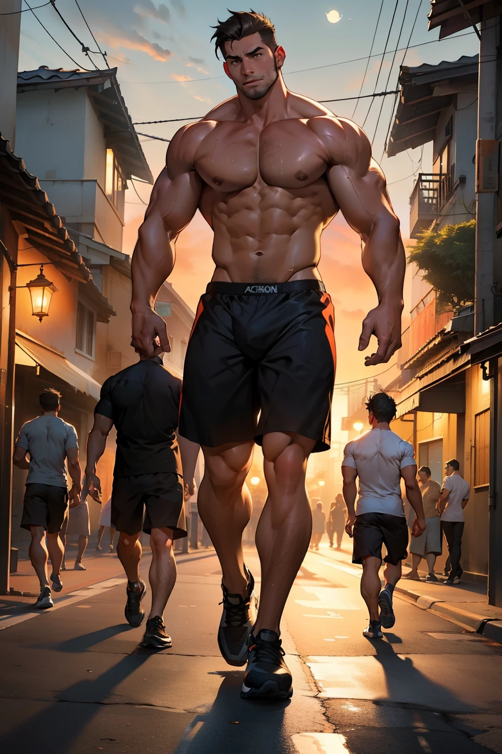 Muscular guys in string underwear, their toned bodies showcased as they confidently walk down the dimly lit street in the evening. The setting sun casts an orange glow over their sweat-slicked skin, accentuating their thick, firm buttocks that sway gently with each stride. The fabric of their underwear clings to their bodies, revealing every defined muscle and vein. Their expressions radiate a sense of freedom and masculinity, as they seemingly delight in the cool evening breeze against their bare skin. The streets remain empty, allowing the onlookers to fully appreciate the visual feast that unfolds before them.