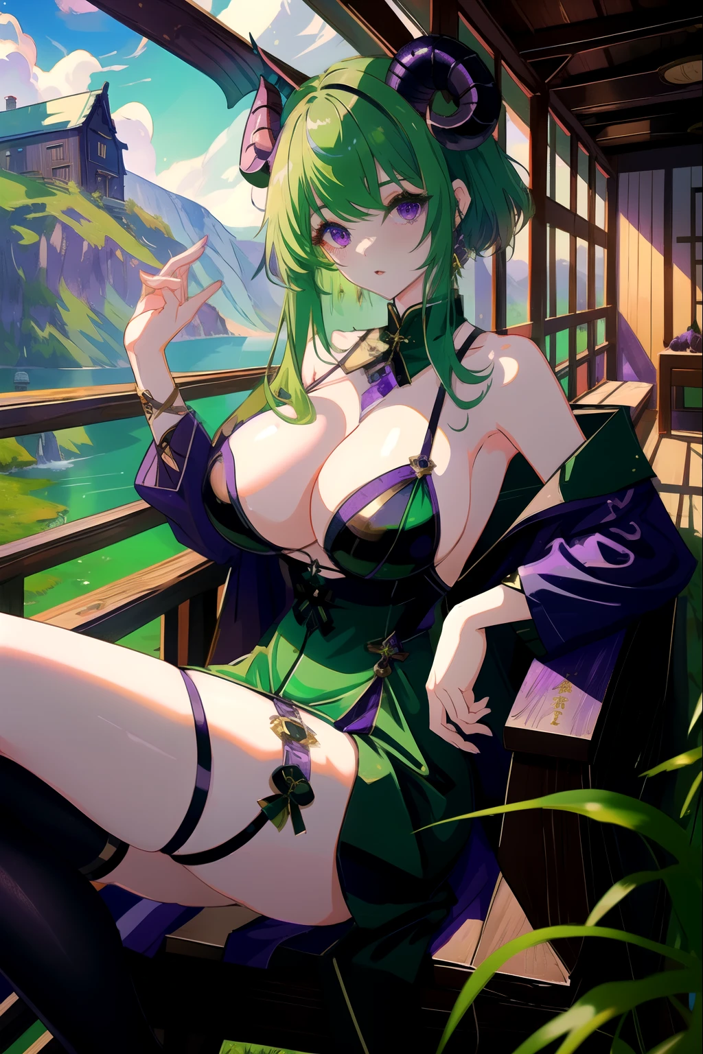 masterpiece、high quality、girl、green hair、purple eyes、two big horns、Scandinavian black dress、Beautiful leg lines、big breasts、short hair、log house、sheep horn