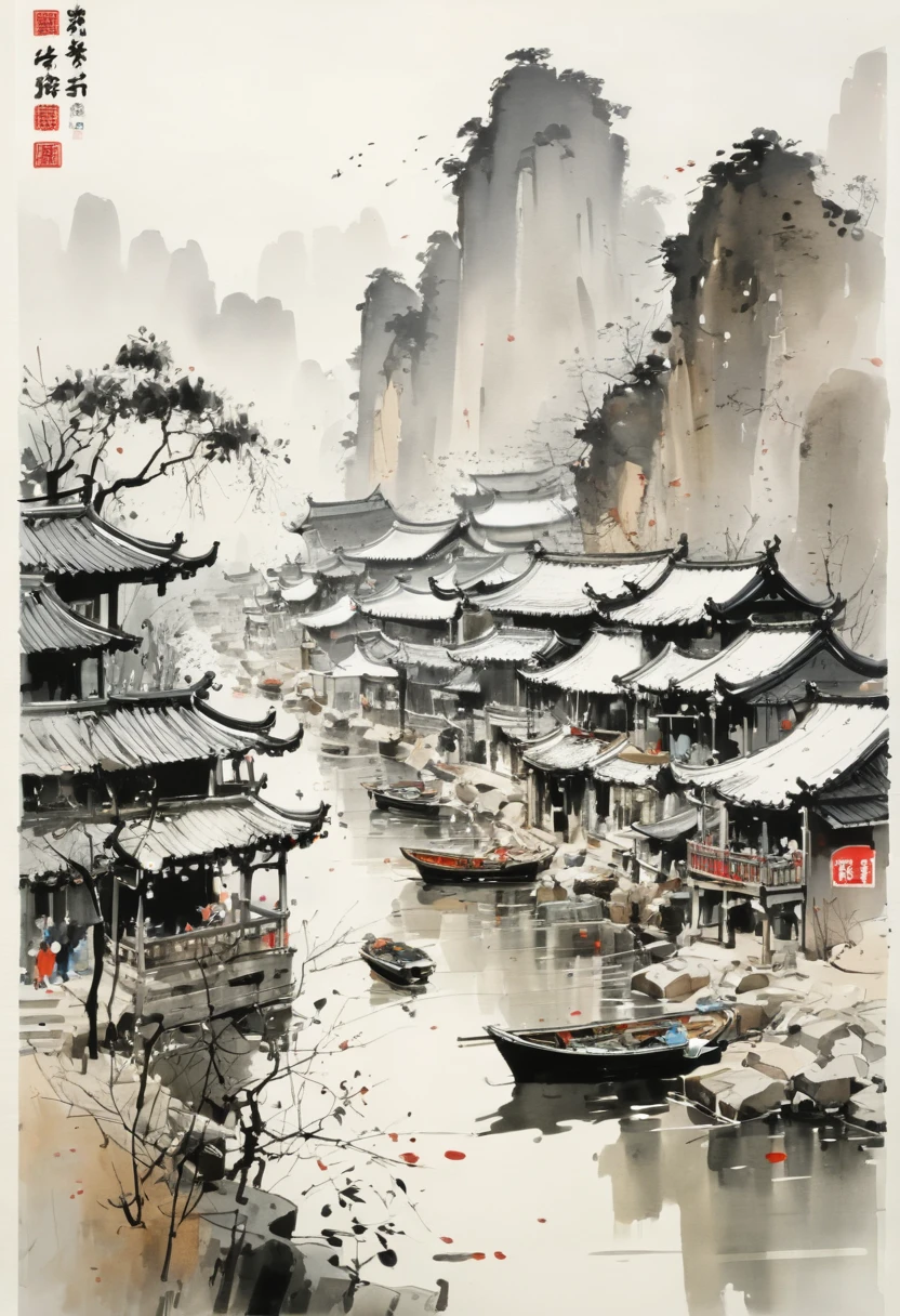 by Wu Guanzhong, (by Richard Scarry:0.5), ink and wash, (best quality, perfect masterpiece, Representative work, official art, Professional, high details, Ultra intricate detailed:1.3)