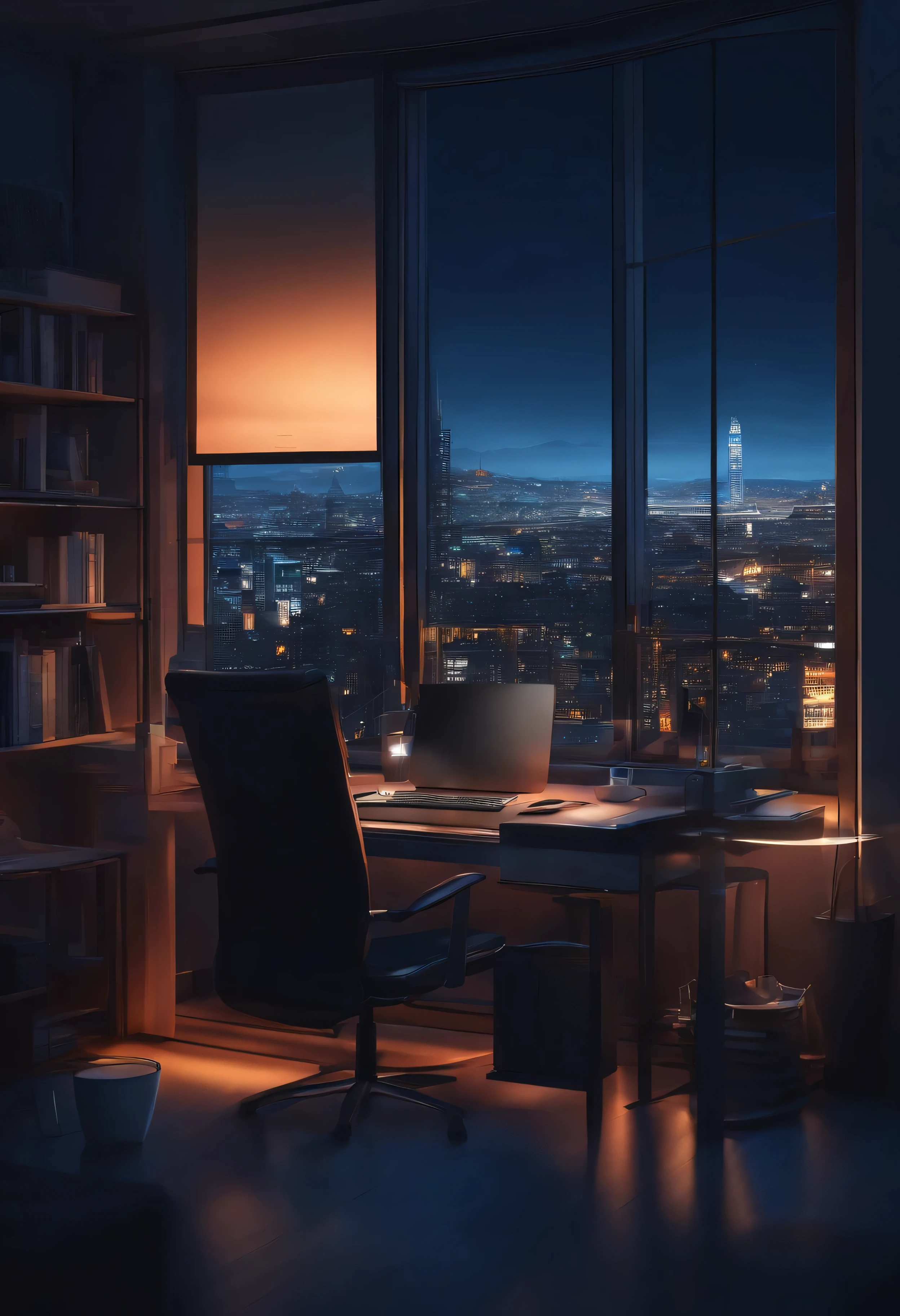 darkroom, night, Computer desk, a cup of coffee, soft shadow, Stylish and modern, luminous screen, cold blue light, Window to the city, Very detailed, anime scenery