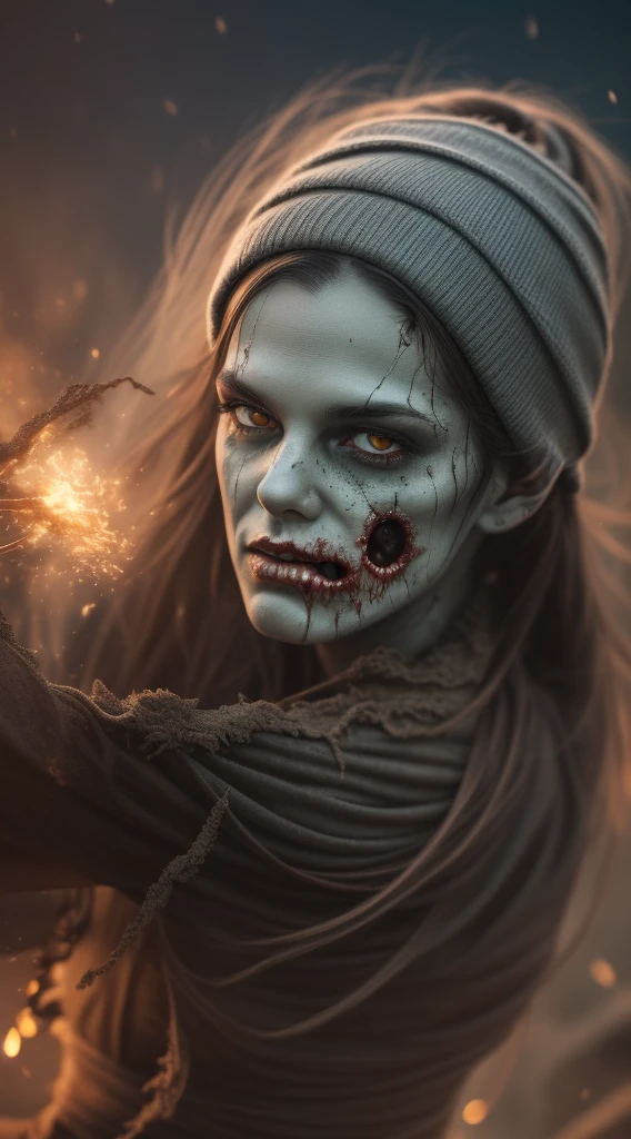 (8k wallpaper with extremely detailed CG unit, masterpiece, best quality, ultra-detailed), (best lighting, best shadow), (a perfect and symmetrical  (((a zombie man, decaying skin))), with eyes that reflect the beauty of the world), attractive, floating, high resolution, dynamic angle, dynamic pose, graveyard background, eerie and creepy night.