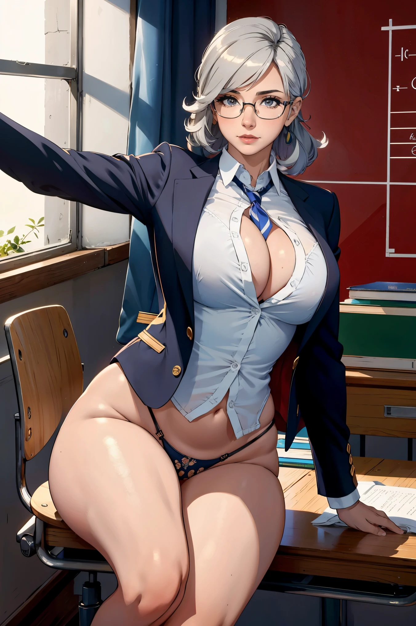 Profesora sexy en un aula dando clases,con gafas y rl pelo recojido,muy guapa,pointing at the stone and teaching mathematics,uniforme escolar apretado y ajustado a su cuerpo voluptuoso,falda corta y escote a la vista,alumnos sentados en sus asientos,profesora simpatica,cuntas anales,nsfw