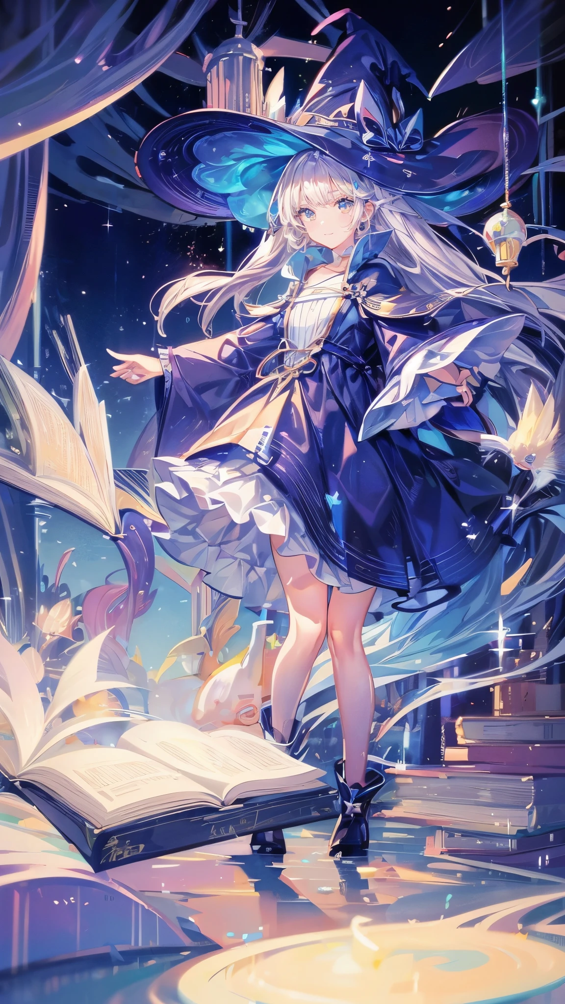 ((magic使いの女の子:1.5)), Full body shot，perfect face, beautiful face, highly detailed face，(blue long hair_yellow eyes:1.3)，(witch hat:1.3)，boots，Witch's broom，magicの杖，book of magic，night sky，たくさんのstar，shine，Light，smile，magic，Sparkling，月Light，starの粒，star々，moonlight，流れstar