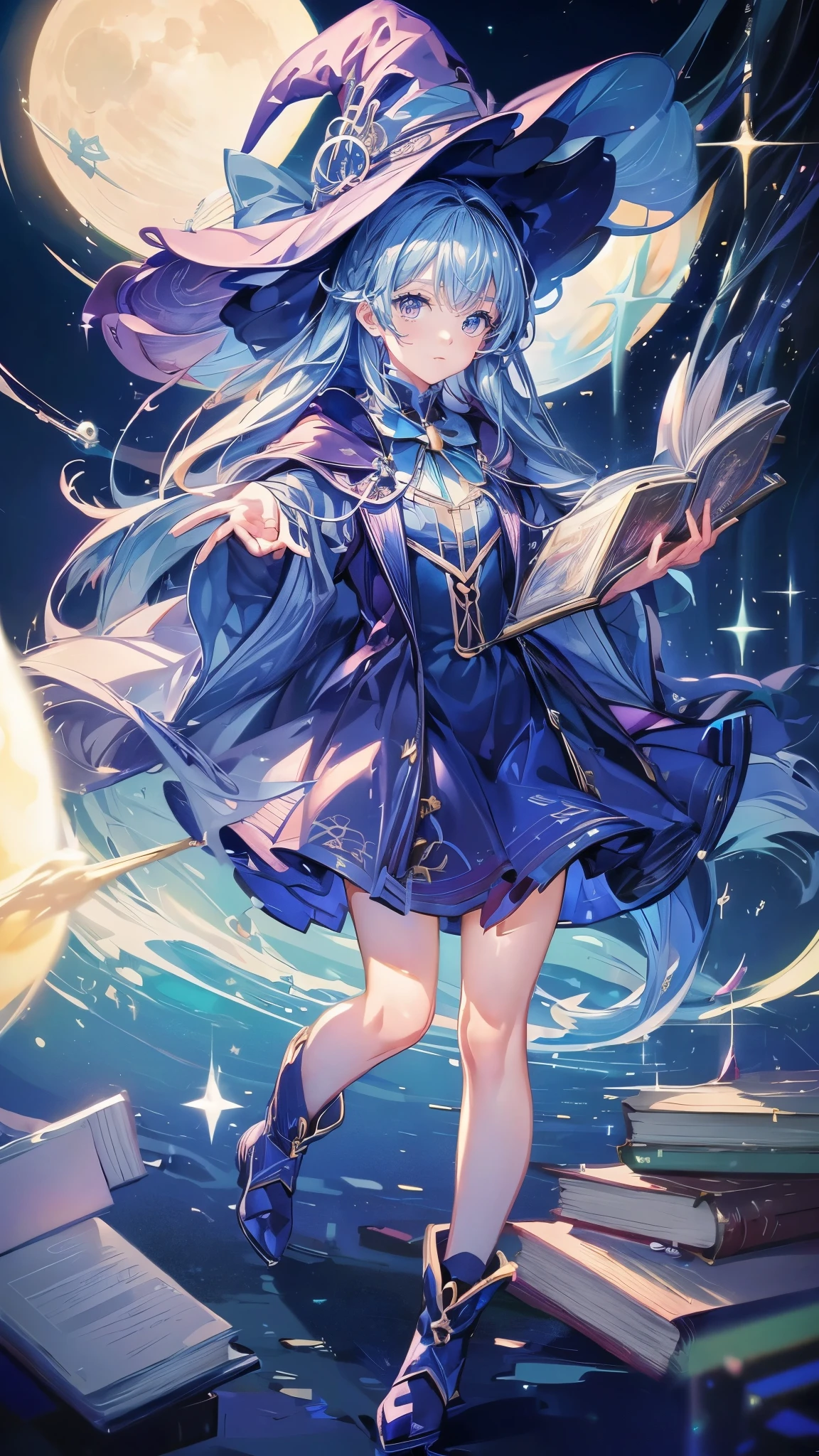 ((magic使いの女の子:1.5)), Full body shot,perfect face, beautiful face, highly detailed face,(blue long hair_yellow eyes:1.3),(witch hat:1.3),boots,Witch's broom,magicの杖,book of magic,night sky,たくさんのstar,shine,Light,smile,magic,Sparkling,月Light,starの粒,star々,moonlight,流れstar