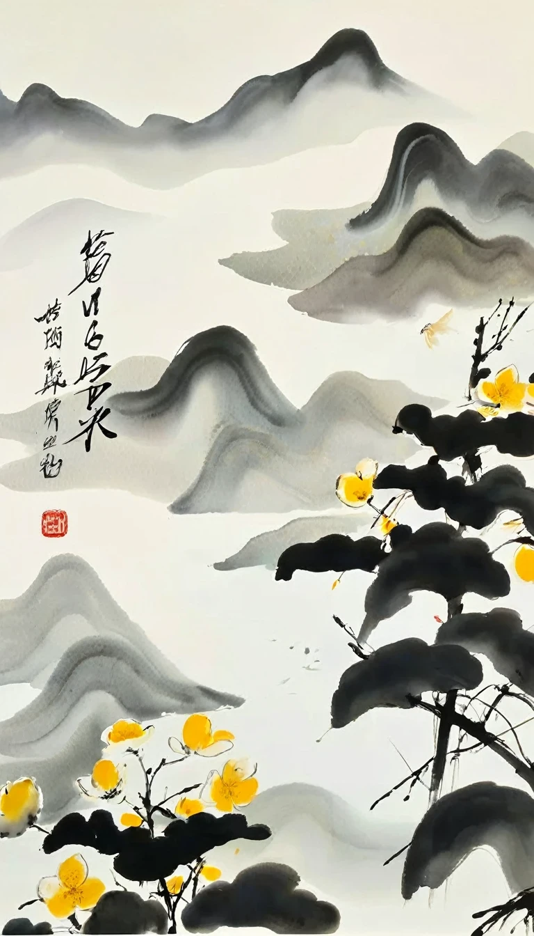 (abstract ink painting:1.5)，author:Wu Guanzhong,author:Wu Guanzhong，Wu Guanzhong的艺术风格，The fusion of Chinese ink painting and modernist aesthetics，Simple yet powerful lines and shapes，minimalist，