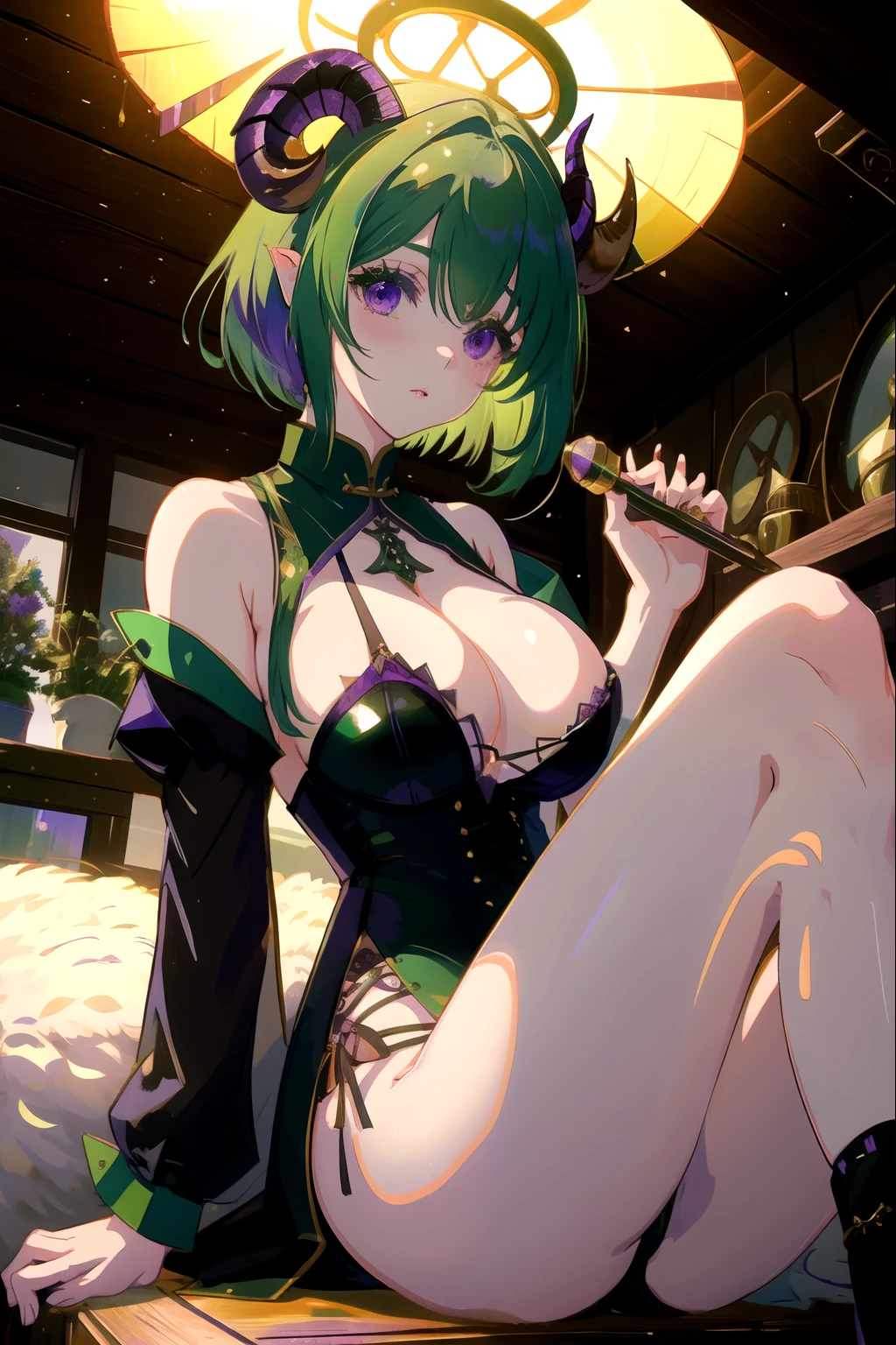 masterpiece、high quality、girl、green hair、purple eyes、two big horns、Scandinavian black dress、Beautiful leg lines、big breasts、short hair、log house、sheep horn