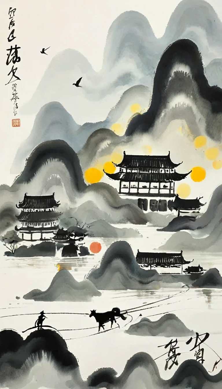 (abstract ink painting:1.5)，author:Wu Guanzhong,author:Wu Guanzhong，Wu Guanzhong的艺术风格，The fusion of Chinese ink painting and modernist aesthetics，Simple yet powerful lines and shapes，minimalist，