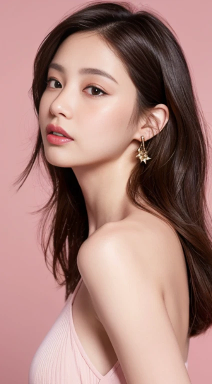 ((highest quality, 8k, masterpiece:1.3)), concentrate: 1.2, 22 years old、perfect body beauty: 1.4, buttocks: 1.2, layered haircut、feminine adult short bob、Highly detailed face and skin texture, delicate eyes, double eyelid, whitened skin, long brown hair、slim、thin、model body shape、Unparalleled naked beauty、Plumpy glossy red lips、flushed cheeks、earrings、Stunning full body shot from below、pink background、dynamic lighting